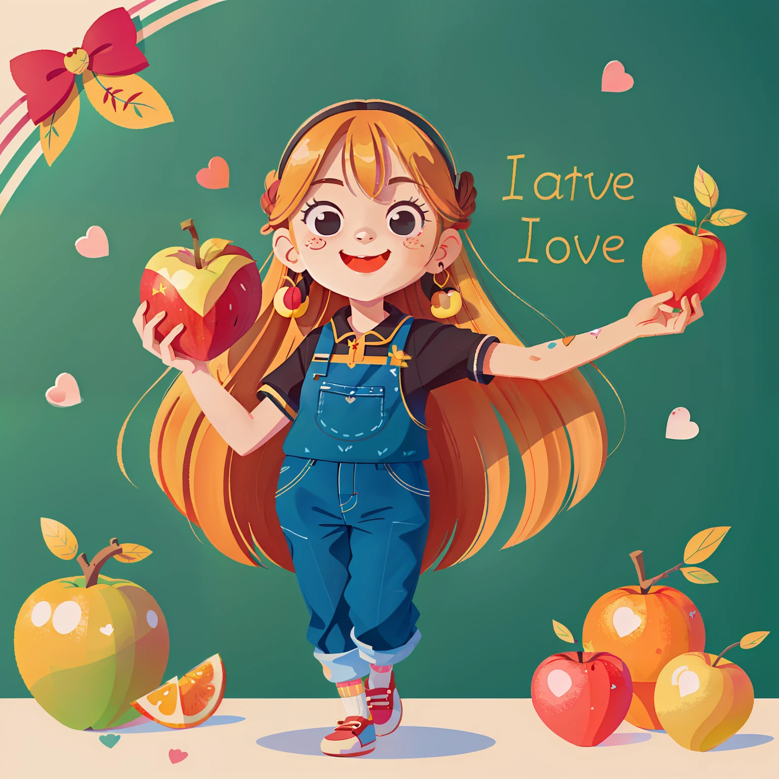 long hair girl,(With love)Happy,orchard,the fruits,holding love,surrounded by love,blackboards,O sign,Vector,line art,designs,inspiration,straight line,RHAD
