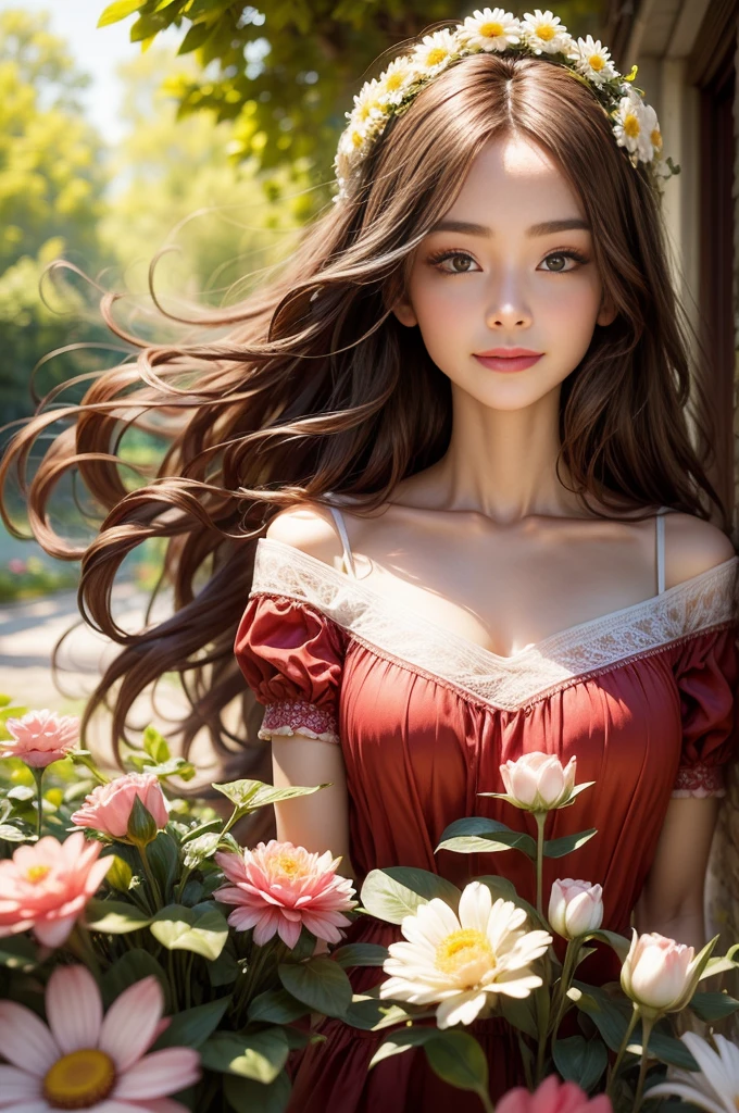 Wearing a bright red dress,Bring out her fair complexion, Standing gracefully in front of a flowery garden, Double exposure effect creates an ethereal atmosphere,bathed in the warm glow of the sun. The garden was full of colorful flowers, Including roses, tulips, and daisies, Create a picturesque background. girl surrounded by breeze, Let her hair flow gracefully. As she gazes into the distance,Her eyes are full of curiosity and innocence, hinting at her charming smile, There's a story behind this. Portraits are created with oil paints, Give it a rich and timeless feeling. vivd colour、with dynamism, Focus on warm colors,Create a feeling of warmth and well-being. The lighting is soft and natural, Gives girls a soft glow's face, exquisite detailing,Enhance her facial features,Create a sense of depth. The overall quality of the artwork is of the highest standard, Every stroke reveals the artist's talent'of talent'Skills and attention to detail. The degree of reality is shocking, Bring portraits to life, Evoke a connection with the audience. This masterpiece captures the beauty and essence of the girl, provides a timeless and captivating manifestation of her existence.