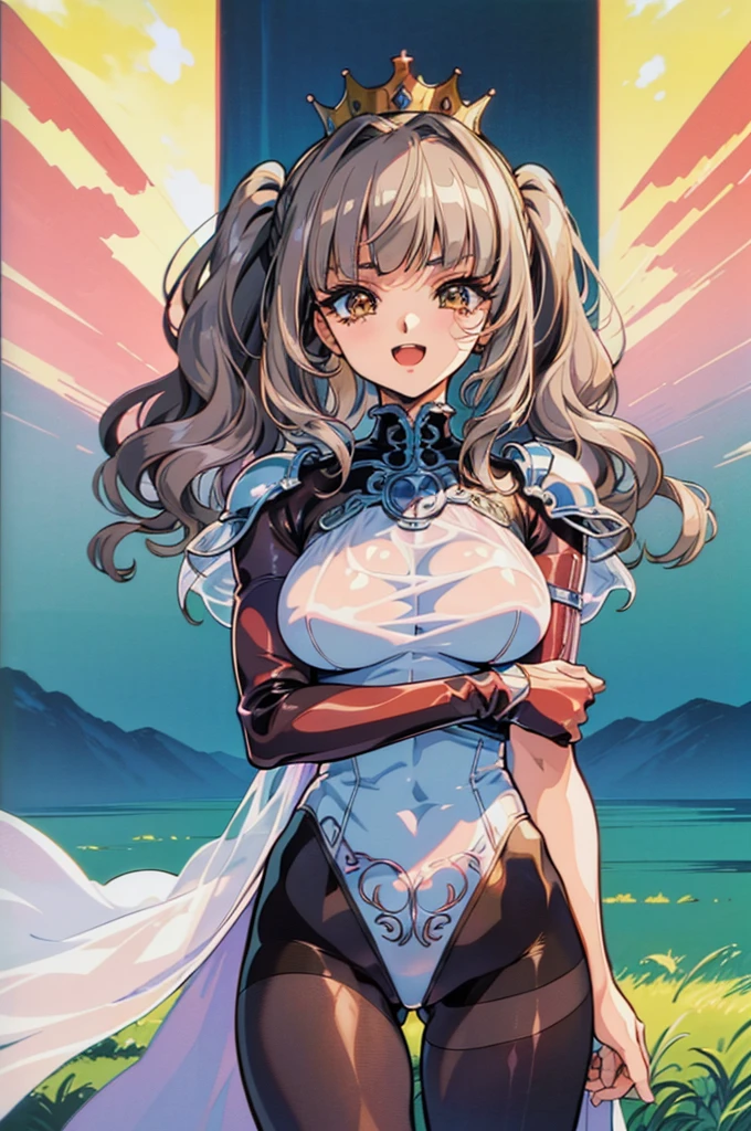 "(masterpiece:1.1), best quality,
1girl, (80s anime style:1.3), (eyelashes:1.5), (loli:1.2),
(intricate high detailed body:1.2),
silver hair, (blunt bangs:1.1), (twintails, wavy hair:1.1), (crown:1.2),
brown eyes,
(muscular body:1.1), (large breasts:1.1),
(angry, smile:1.2), open mouth,
(see-through cloth body suit armor:1.2), (pantyhose:1.2),
(frill:1.1), (streaked hair:1.2), sleeve,
standing, crossed arms,
(upper body, cowboy shot, looking at viewer, from front:1.1),
(daytime, grassland, outdoors:1.2)"