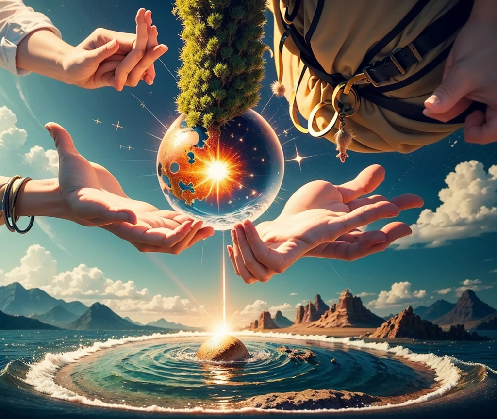 Create an image that represents the creation of the world, inspired by the Book of Genesis, Chapter 1, highlighting the elements described in the narrative, such as light, the firmament, the waters, the separation between water and land, plants, animals and, finally , man in the image of God."