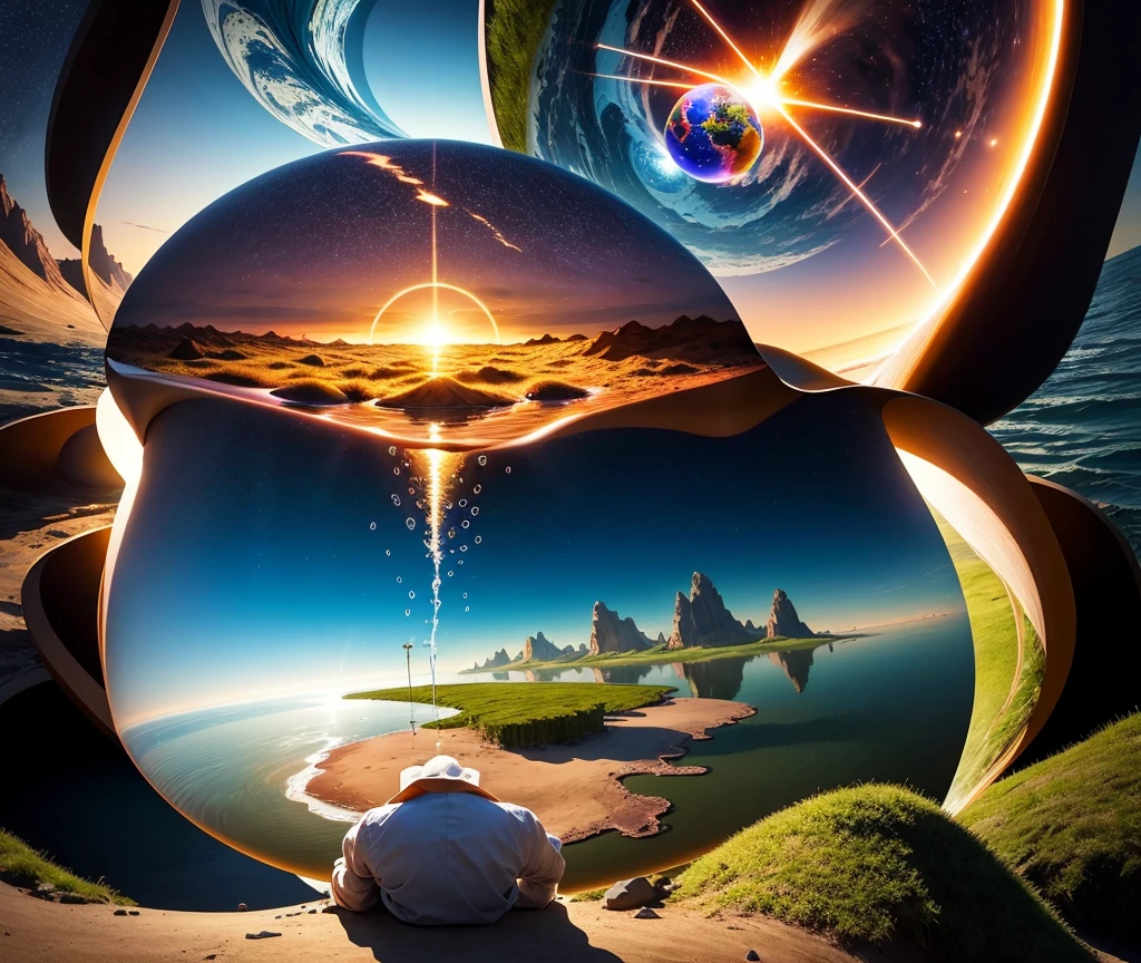 Create an image that represents the creation of the world, inspired by the Book of Genesis, Chapter 1, highlighting the elements described in the narrative, such as light, the firmament, the waters, the separation between water and land, plants, animals and, finally , man in the image of God."