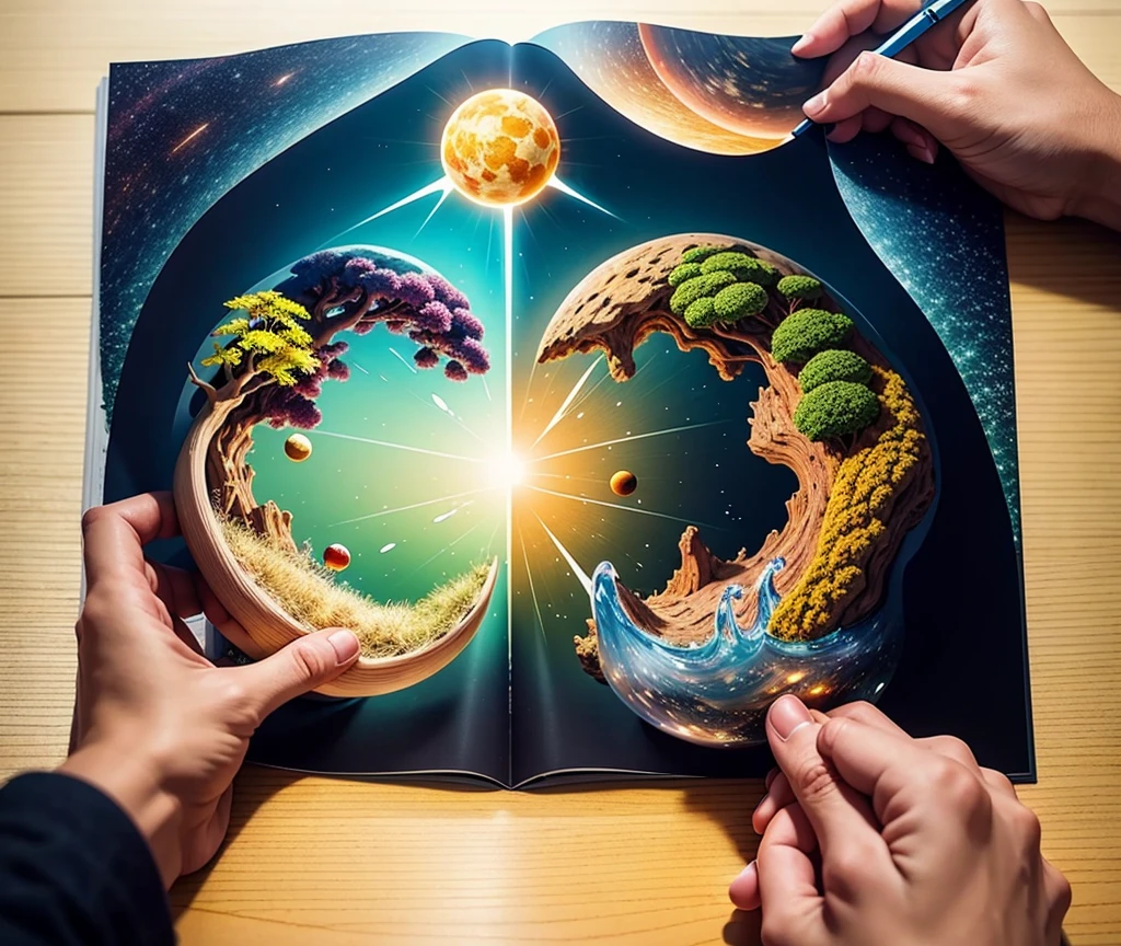 Create an image that represents the creation of the world, inspired by the Book of Genesis, Chapter 1, highlighting the elements described in the narrative, such as light, the firmament, the waters, the separation between water and land, plants, animals and, finally , man in the image of God."