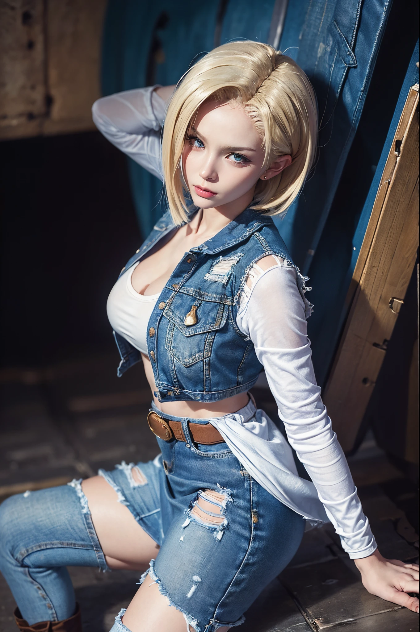 Hyper detailed image, UHD, 16k, professional photo, (Realistic photo of Android-18 from Dragon Ball Z) girl Goddess of beauty, very straight short blonde hair, serious face expression, ((she wears a blue denim jacket and a cropped white shirt, short white underground showing flesh of the breast)), erotic, open denim jacket showing her big, beautiful and perfect breasts, (tits, long pointed breasts sticking out of the jacket), she wears a belt and a (raised blue denim skirt showing micro panties stuck in the pussy, bubian hair showing), brown boots, perfect hands and fingers,
android 18, sexy saiyan girl, she releases bursts of power, ki, Official Art, Android-18 Sexy female, official character art, sexy female protagonist, lean and toned body curved :8, Akiri Toriyama, Director: Akira Toriyama, Bulma from Dragon Ball, Best Anime Character Design, Akira Toriyama Style, beautiful single character, semi-, (great lighting)