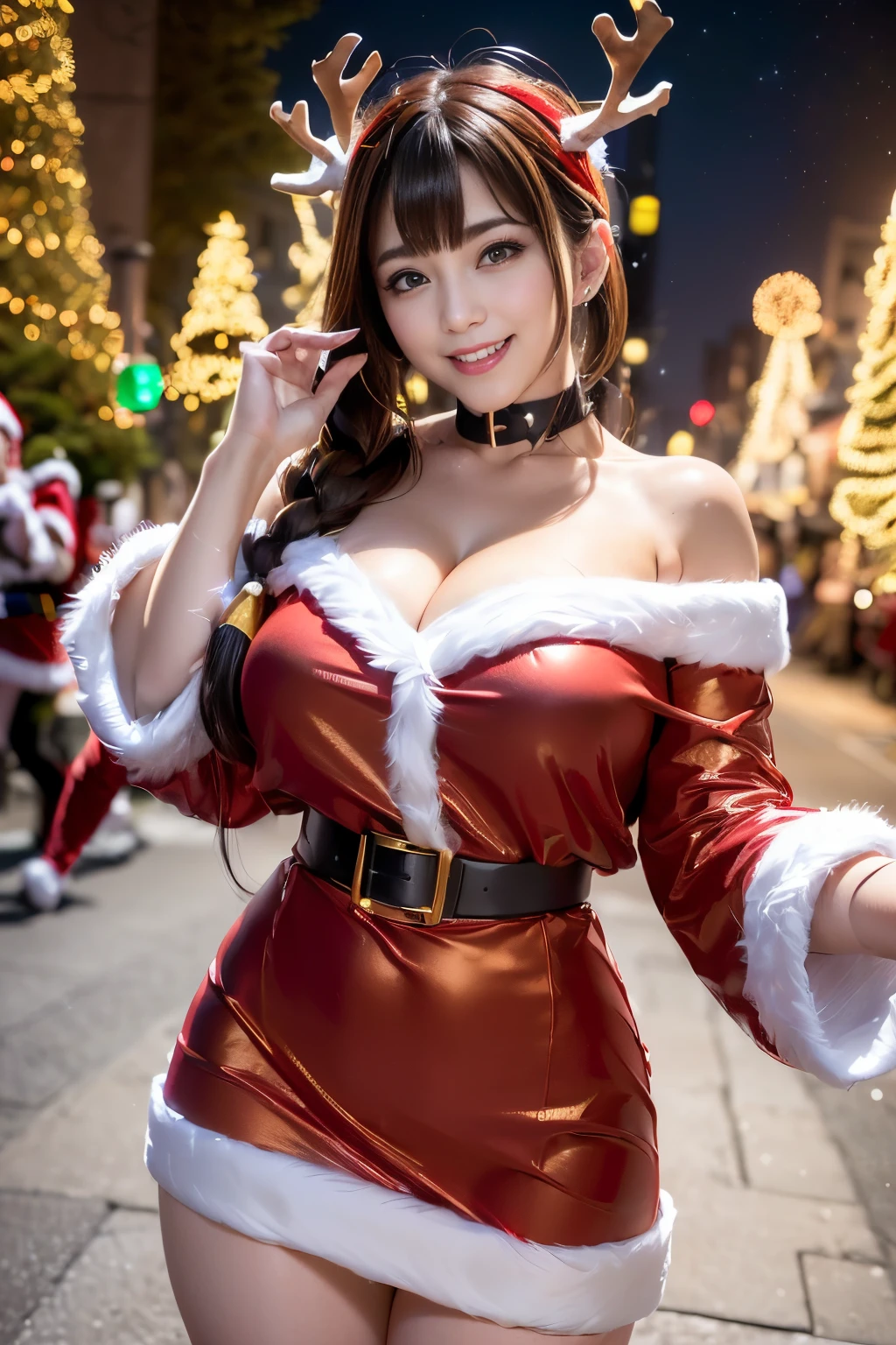 (((Two-shot photo of two cosplayers:1.3))),(((Gorgeous Christmas illuminations on street trees:1.3))),christmas tree night lighting,(((Santa Claus cosplay woman:1.3))),(((A woman enjoying cute reindeer cosplay:1.3))),a miniskirt,off shoulder with sleeves,(Emphasis on large breasts:1.3),(Short hair with shiny silver and orange stripes,Ponytail twisted buns adorned with elaborate braids and beads,Braided Setup Fishbone Hair,),(Bangs are see-through bangs),with round face,An attractive woman with a natural smile and charming expression,Transparent skin,(The 8k quality,masutepiece,top-quality,Ultra-high resolution output image,),(Highly detailed raw photos:1.3),(Image Mode Ultra HD),