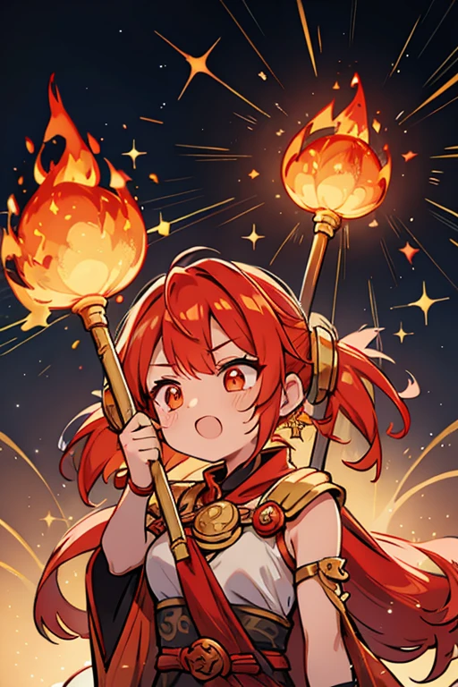 masterpiece, best quality, ultra detailed, anime style, In a volcanic landscape, a cute girl channels the power of fire, flames dancing at her fingertips. Her attire, woven with ember-like patterns, complements the molten scenery, creating a mesmerizing display of controlled inferno