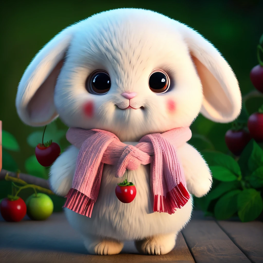 : 3。 Rabbit, realistic, furry animal, apple, dark circles, blush, cherry, food, fruit, full body, scarf, non-human, strawberry, tomato, watermelon