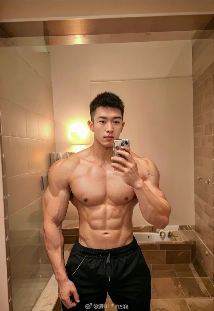 there is a man taking a selfie in a bathroom mirror, Chinese muscular man 2 , Chinese male, Thin But muscular, slender and muscular build, musculous!!, 2 9 years oldengt, 2 9 years old, muscular ean and muscular, exaggerated muscle physique, 2 9 years old, age 22