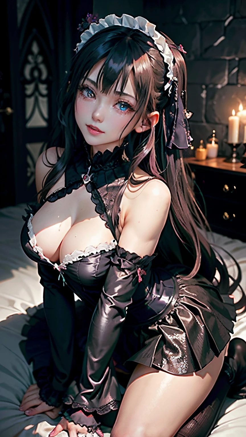 Hard Dark Gothic Makeup、Maniacal、Deep night sky、horor、Black Dark Eyeshadow、crying how bright、mourn、Good skin luster、Long hair straight hair、Dark Gothic Makeup、Dark smile、Restless Palace、Expressions of sexual arousal、Fragrant beauty、22year old、Lying、seductiv、Strong sexual pleasure facial expressions、A look of shame、Dark Gothic、Gothic ta、bell sleeves、Wizard Sleeve、Obscene look、Stained glass background、masutepiece、Best Quality、Refers to 5 books、Sweat glitters on my chest、Expression of sexual pleasure in anguish、Drunken face、maid clothes、Mysterious、noble、Face holding back the toilet、Flirty gothic lolithes、the body is wet and shiny、Transcendent sex appeal、open your legs sloppily、Glitter on thighs、I'm sweating a lot、Breast Size Medium、Affectionate smile、twin-tail hair、Platinum blonde hair、my thighs are extremely wet、Jet black ruffled skirt、Shaded、Blue eyes on the right, red eyes on the left、Gothic bed covered with roses、Transcendent Bewitching Pose、all fours pose、Gravure photography、arch your back、stick out buttocks、Close your eyes and sleep、full body、Pose、crawl on all fours、doggy style pose on bed、glamorous legs、from below looking up、knee high socks、thigh-high socks、