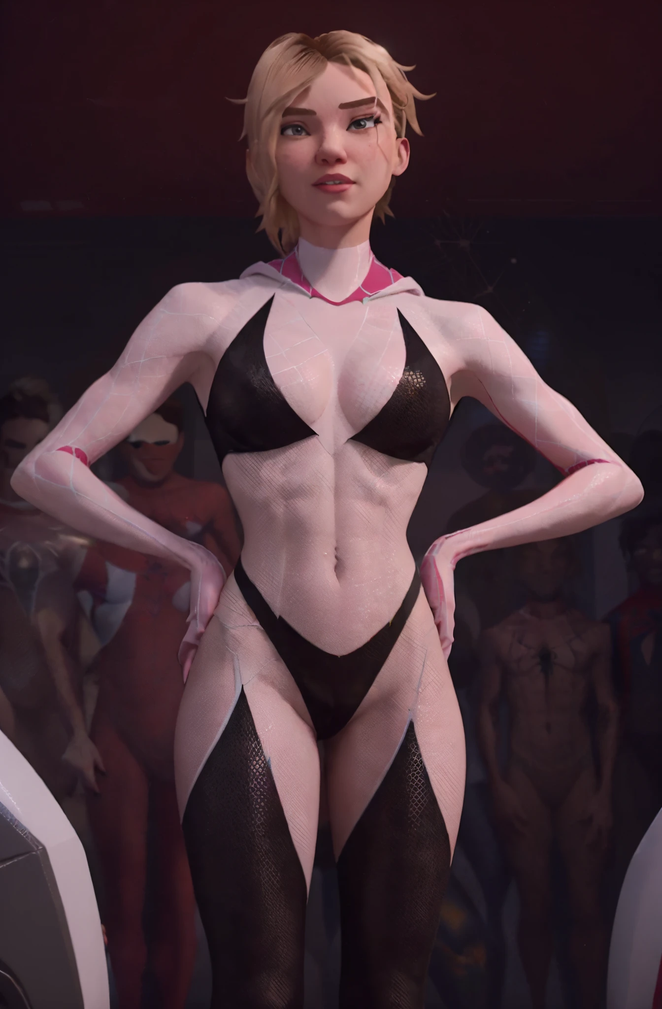 sgwen, spider-gwen, gwen stacy is gangraped group sex 1girl multiple boys explicit sexual scenes into the spiderverse rendering style, it looks like a scene from the movie, spider-verse movie animated style, breasts exposed small breasts cleavage sweaty
