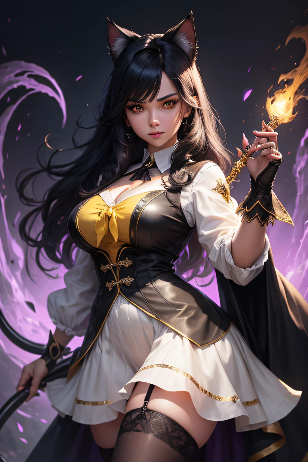 Black long hair, yellow eyes, cat lady, purple and white blouse, long black tail, claws, black skirt, busty chest, full body, young adult female, standing pose, wizard, fantasy, sexy witch clothes, stockings