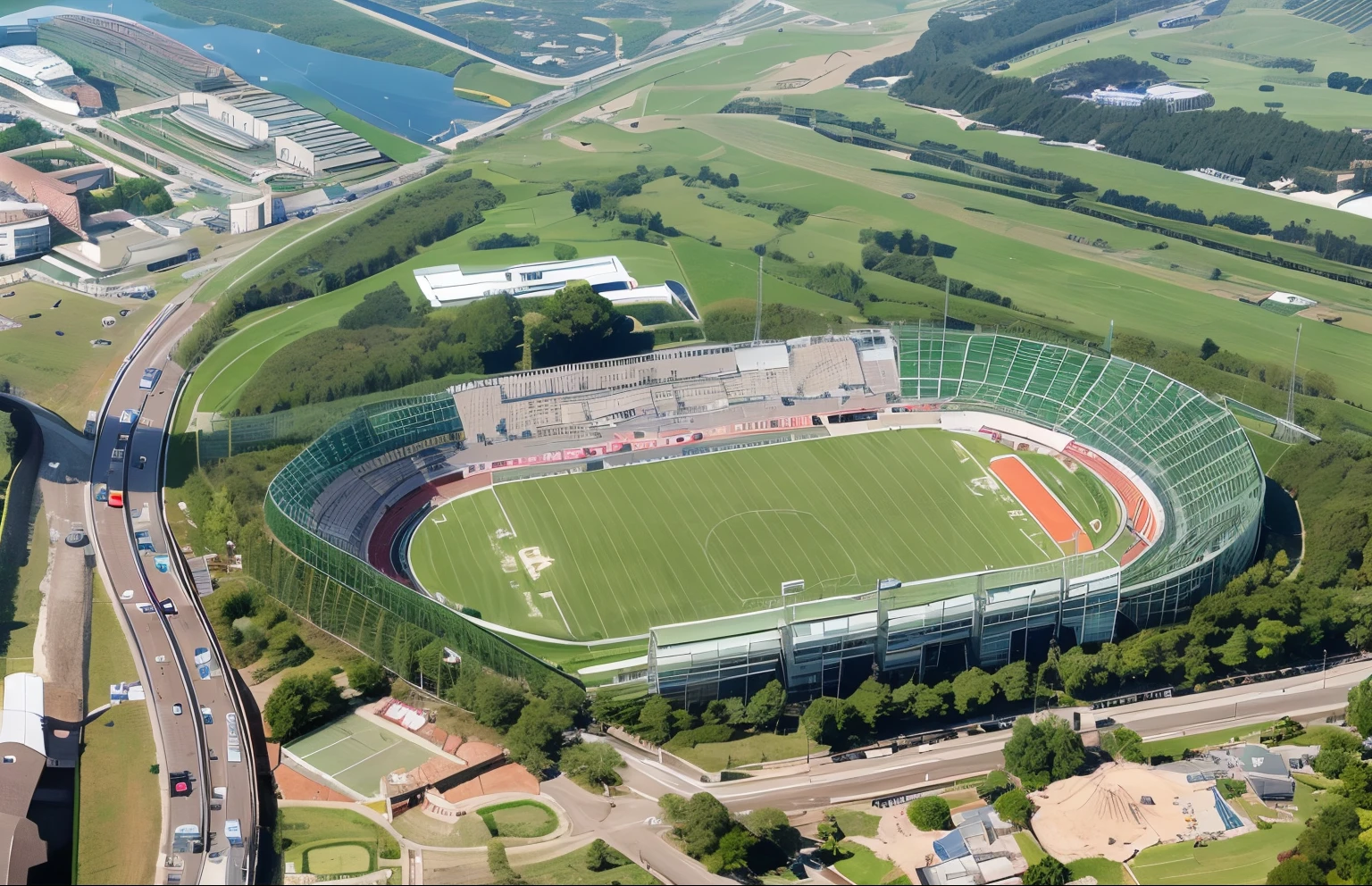 aerial view of a football stadium with green field and some cars, stadium, maintain the construction of the original stadium
