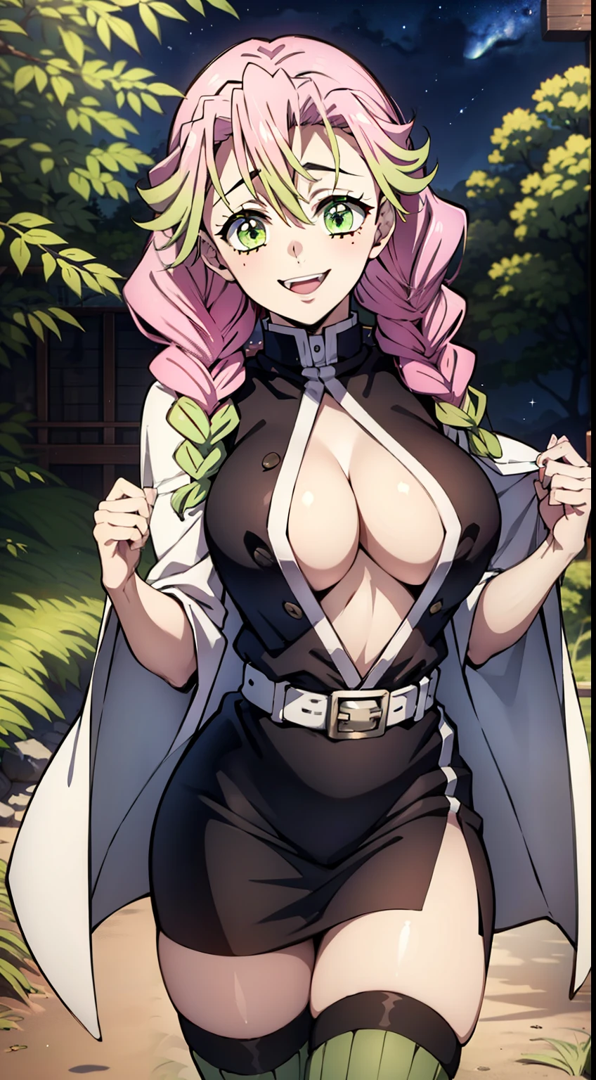 long pink hair, pink hair turns green towards the ends, A dazzling smile, Mitsuri Kanroji from Demon Slayer, big breastes, White Haori, White Japanese cloak, Upskirt, green stockings, black undershirt, The top buttons of the shirt are unbuttoned, beautiful green eyes, in the woods, beste-Qualit, supreme, 1девочкаl, In the bamboo forest，Sunny day, runs to the rescue, Looking at the starry sky, Close your mouth, Night with countless stars, The ideal body of the Milky Way, The Perfect Girl, perfect details, Ultra HD |, 8K, Professional photo, Demon Slayer in anime style,