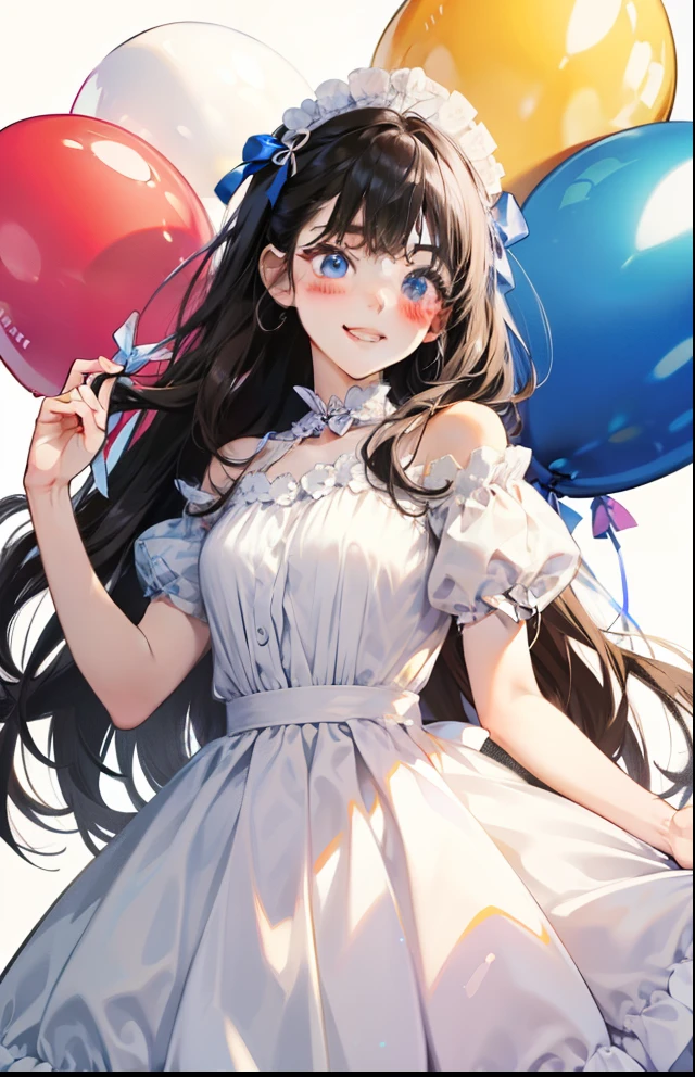 girl with、Background white、without background、A dark-haired、The long-haired、Contrasting bangs、white dres、bow ribbon、Have a balloon、Colorful balloons、with blush cheeks、Smiling、kawaii、without background