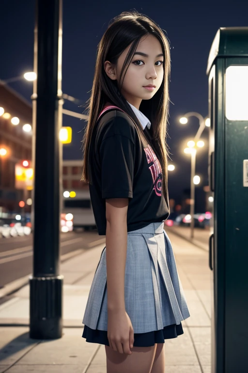 15 year old school girl in a school girl uniform, Canon EOS 5D Mark IV with 50mm f/1.8 lens	Natural light during golden hour	Close-up shot with a blurred background, capturing the uniform's details	Enhanced color saturation and subtle vignette in post-processing, Edgy Glam: Bold and edgy eye makeup with graphic liner; Matte foundation for a flawless complexion; Nude lips to balance the dramatic eyes; Strong contouring for a sculpted look; Defined brows for added structure.