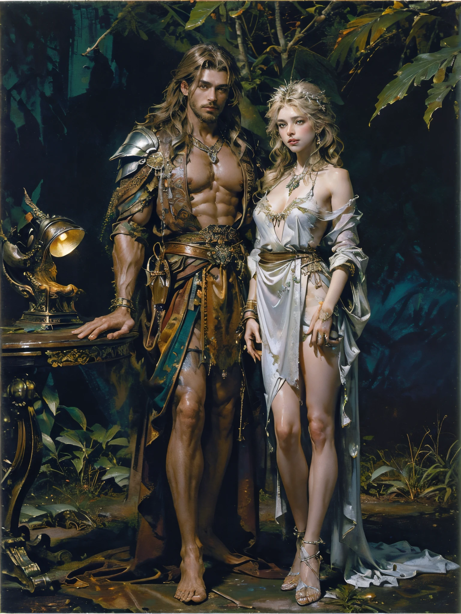 Depicting a Huntress' Encounter with the wolf,(((Teenage girl))),(((white wolf))),(((The wolf is as big as a man))),Quiet and harmonious atmosphere,(Clothes are tattered and exposed :1.4),(((Light brown hair))),(((combed blonde hair))),(((silber hair))),(full-body portraits:1.5), Dramatic composition,warm color palette, ((five perfect and beautiful fingers)), ((Only two arms)), (Elegant and luxurious accessories:1.3), (Anatomically correct limbs and physique:1.4),(Exquisite, round and symmetrical eyes), A detailed face, ((Girls wear:Armored shoulder blades, bucktooth, curled horns, Large breasts,carrying a rifle,Rifle hanging from waist)),((Background with:Outside the cabin,natural lightting,)), ((Background with:Outside the candy house,a fairy world)),((Background with:the dark forest)),((Background with:tropical jungle)),hyper realisitc, + Cinema lenses + dynamic combination,Epic reality, ((com cores neutras)), (post impressionist),(Fechin Oil Painting - Fechin Oil Painting , oil painted), 02