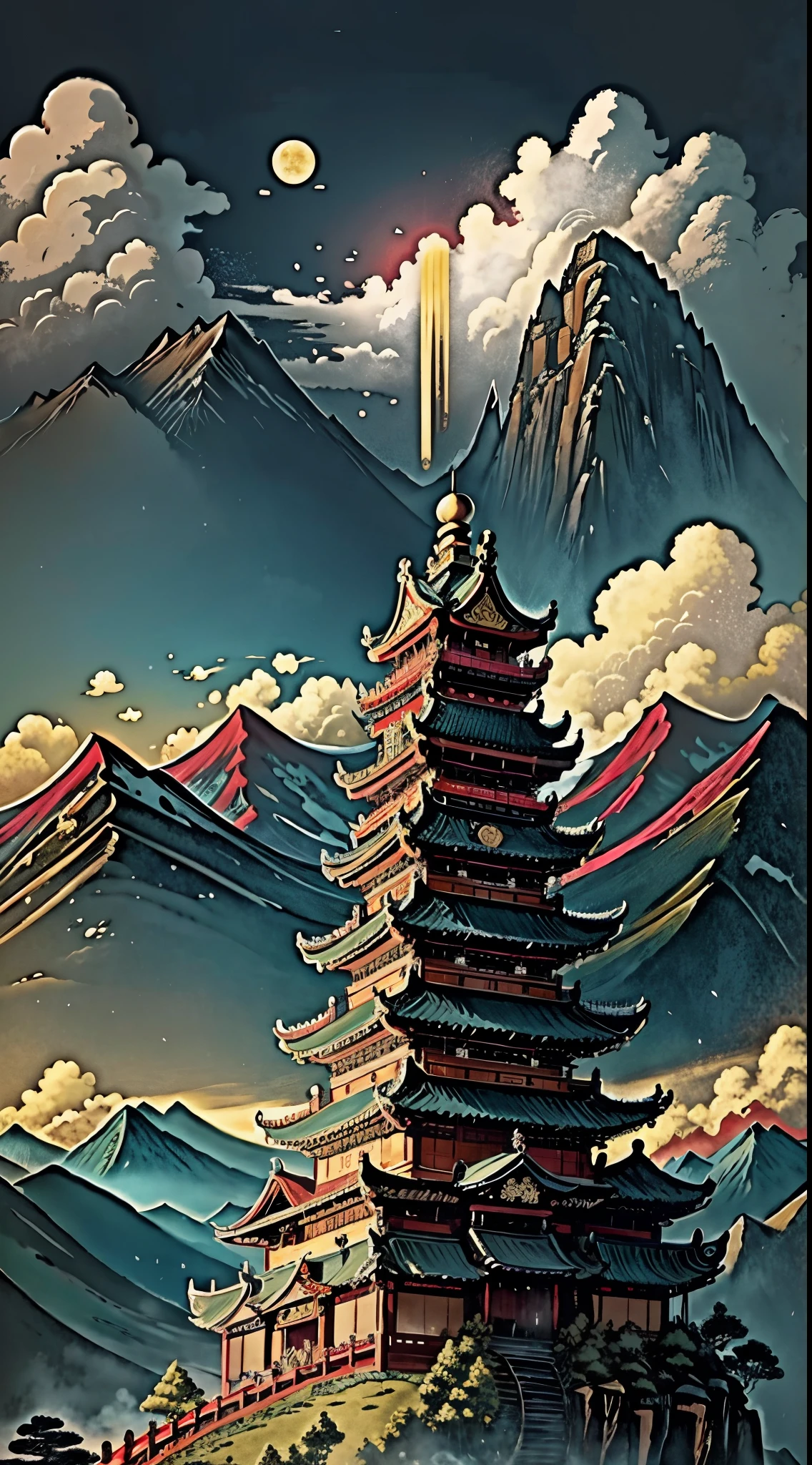 An ancient Chinese painting， Ancient Chinese background， mountain ranges， rios， Auspicious clouds， Pavilions， Huge Full Moon， tmasterpiece， super detailing， Epic composition， hyper HD， high qulity， extremely detaile， offcial art， 统一 8k 壁纸， super detailing， 32k -- v 6