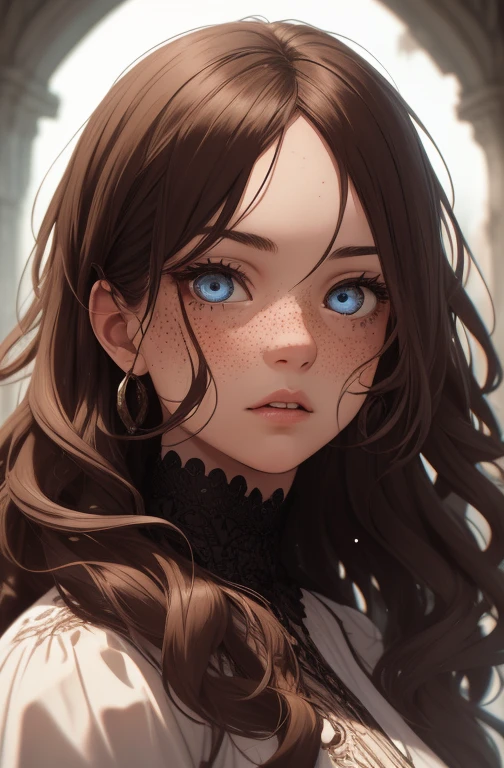 1girl, beautiful woman, medium wavy brown hair, freckles. Explorer, adventurer, dark eyelashes, perfect eyes, perfect face, intricate, intricate details, epic, character portrait, cinematic portrait