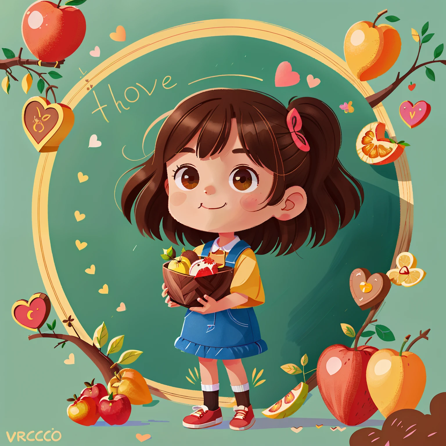Girl with brown hair,(There is love)(There is love)Happy,orchard,those fruits,hold love,Surrounded by love,surrounded by love,blackboards,O sign,vector,line art,designs,inspiration,straight line,RHAD