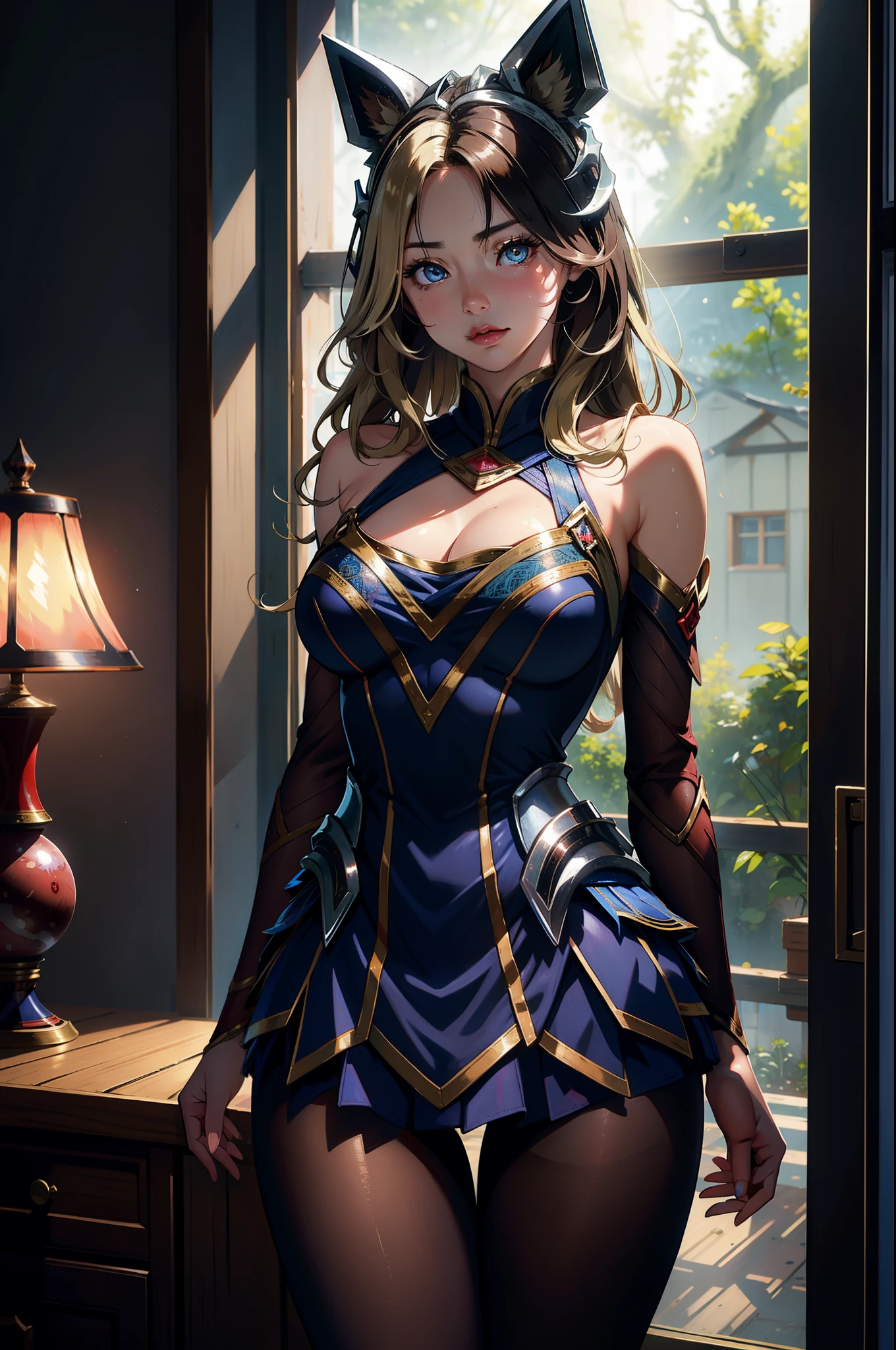 (tmasterpiece, Best quality at best:1.2), Complicated details, Kovin Ahri, 1个Giant Breast Girl, a skirt, separated sleeves, Chopping, Colorful hair, Blonde hair, brunette color hair, Animal ear, lacepantyhose, Beard markings, Multi-tailed, energy sphere, The upper part of the body, Best quality at best, tmasterpiece, 超高分辨率, (realisticlying:1.4), RAW photogr, (authentic skin texture:1.3), (filmgrain:1.3), in a panoramic view, figure portrait, super wide shot, A half body, Willow waist, cow boy shot, in the darkness nigth, deep shading, low tune, cold light, the night, indoor, A ray of light, dust, dingdall effect, sad, Disappointmentd, Gloom (Expressing the), vacant eyes, By the window, 1个Giant Breast Girl, beautiful detailed eyes and face, cropped shoulders, low head, Brown eyes,