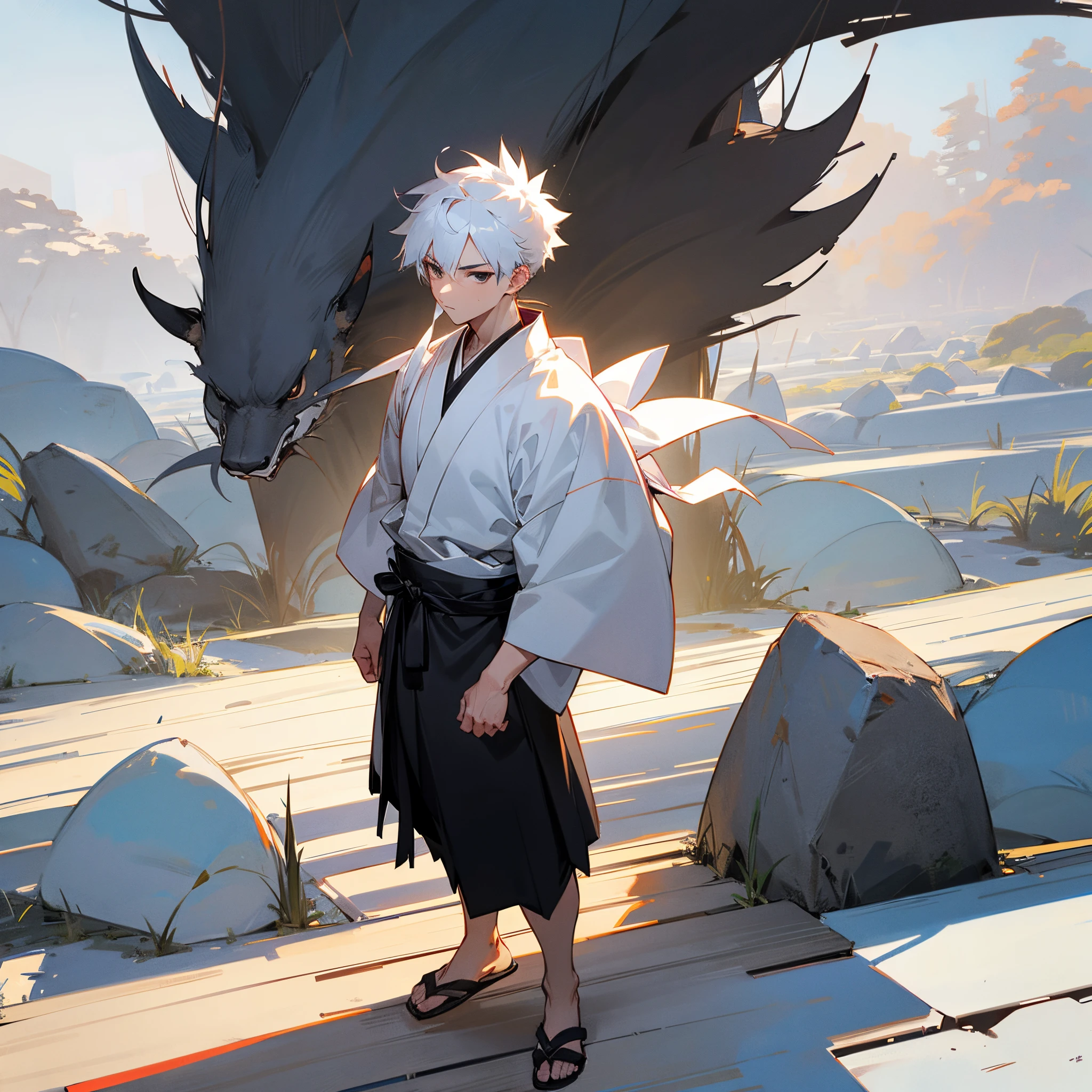 1male, adult, white spiky hair, muscular, black haori, black eyes, scar over nose, white yukata, standing on path, japanese village, serious, facing viewer