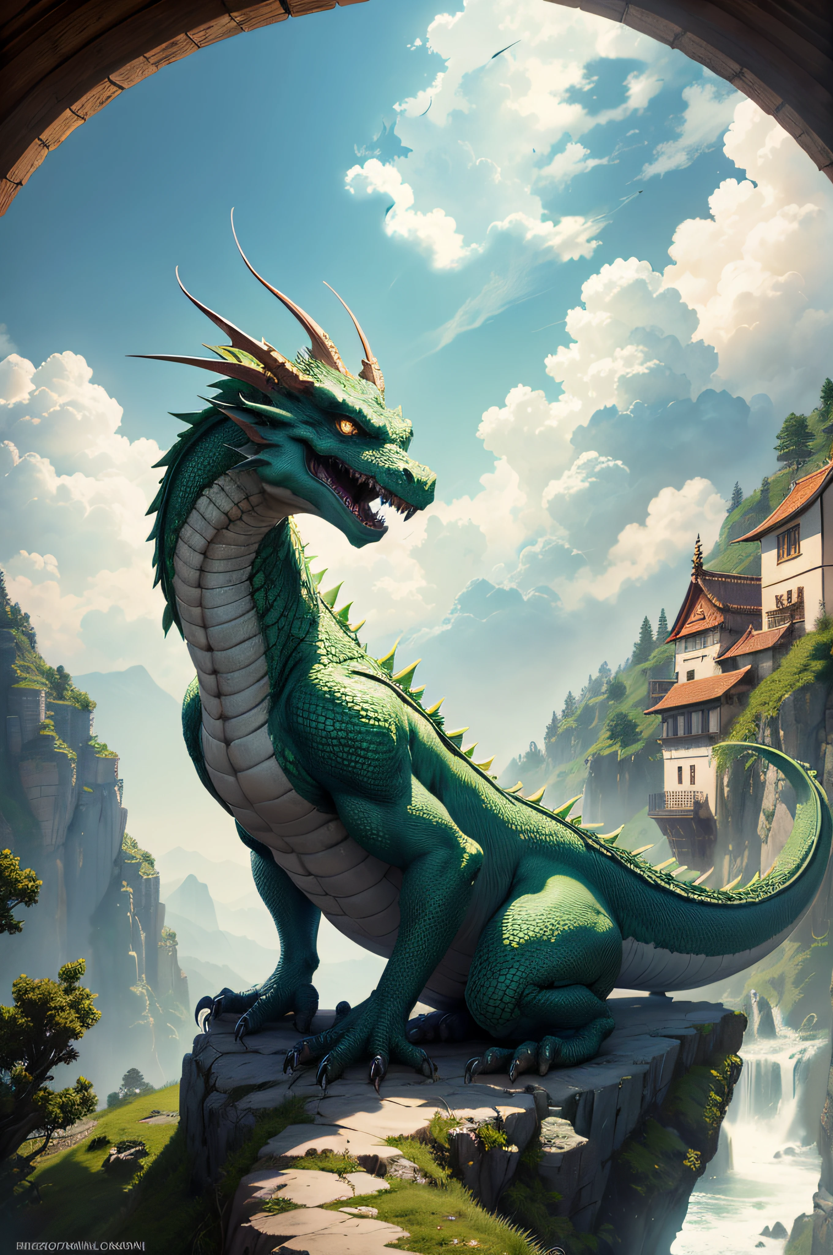 A dragon standing on a cliff, fantasy art, green dragon, giant dragon, winged dragon, portrait, above a medieval town, seen from a cliff, clouds around