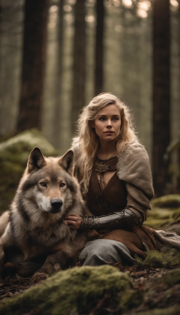 Blonde girl in armor in icy forest,Next to it is a large brown wolf in armor