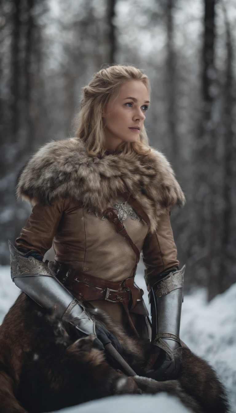 Blonde girl in armor in icy forest,Next to it is a large brown wolf in armor