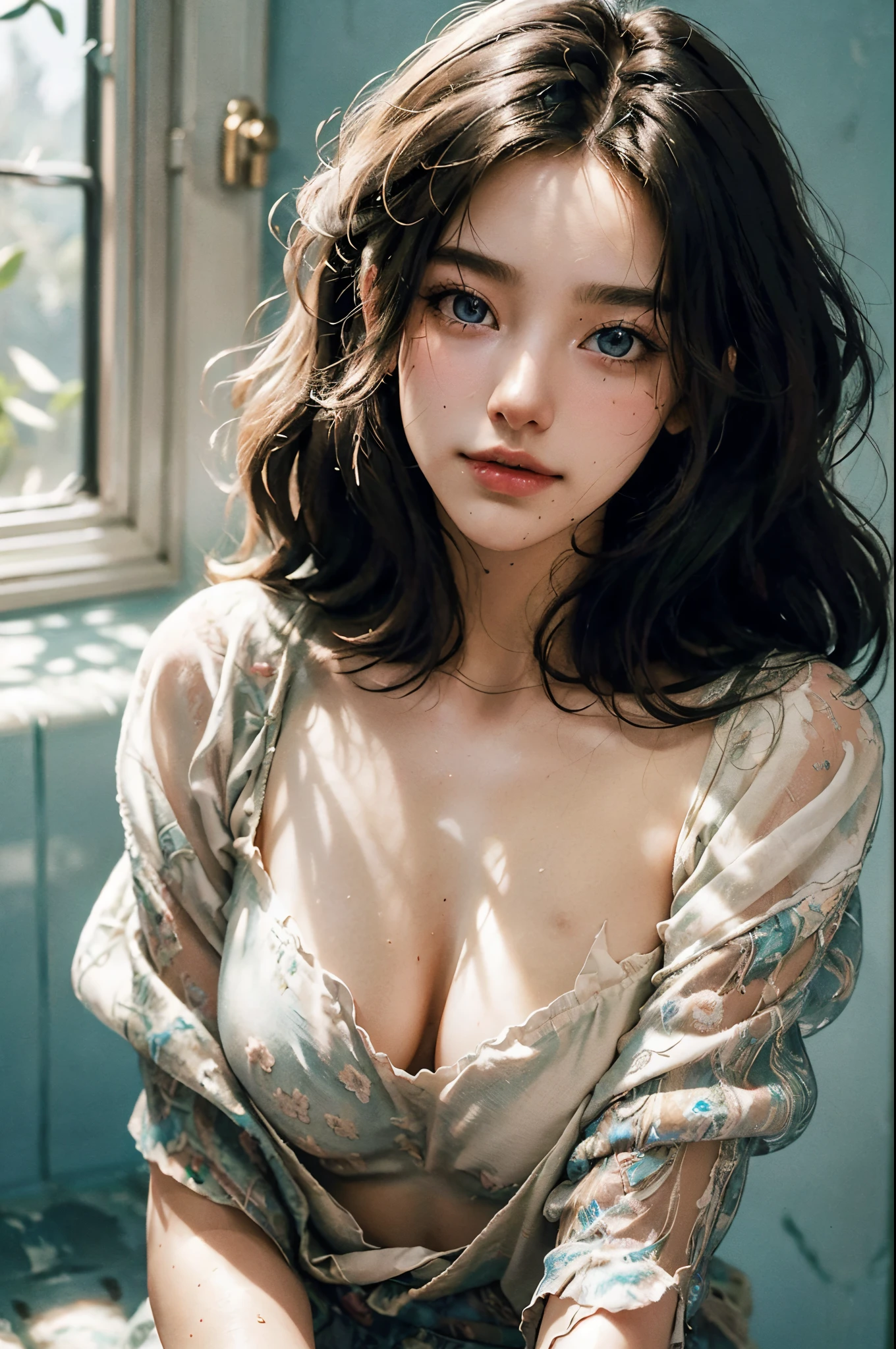 Masterpiece,Best quality,offcial art,Ultra-detailed CG unified 8K wallpaper, (hdr:1.4), (Cinematic), (pastel colour, dim colors, soothing tones:1.3), (Natural skin texture, hyper photorealism, Soft light, Sharp),(Extremely detailed), Professional lighting, Radio City,((1girll，20yr old)), inside bathroom，Sunlight light，Best quality, Lots of details, Masterpiece, Ultra-detailed, illustration, Realistic, An extremely delicate and beautiful girl, Beautiful detailed eyes,8K_the wallpaper,Beautiful detailed girl, looking at viewert, Messy hair, Large breasts, side boobs, ((chest focus)), (Larger shirt，The areola is faintly visible，Looming genitals，pubes，Lie on your back in the water，drenched all over the body), Unbuttoned, full bodyesbian, ((Sexual suggestiveness)), light smile，veins, veiny breasts,