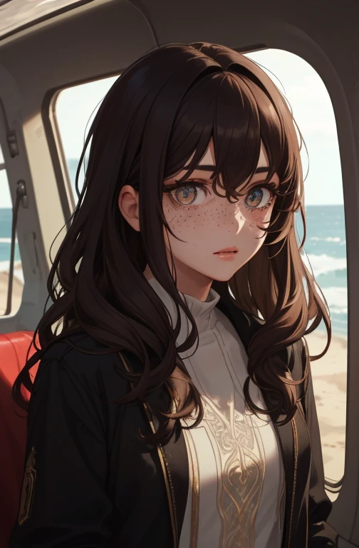 1girl, beautiful woman, medium wavy brown hair, freckles. Explorer, adventurer, dark eyelashes, perfect eyes, perfect face, intricate, intricate details, epic, character portrait, cinematic portrait