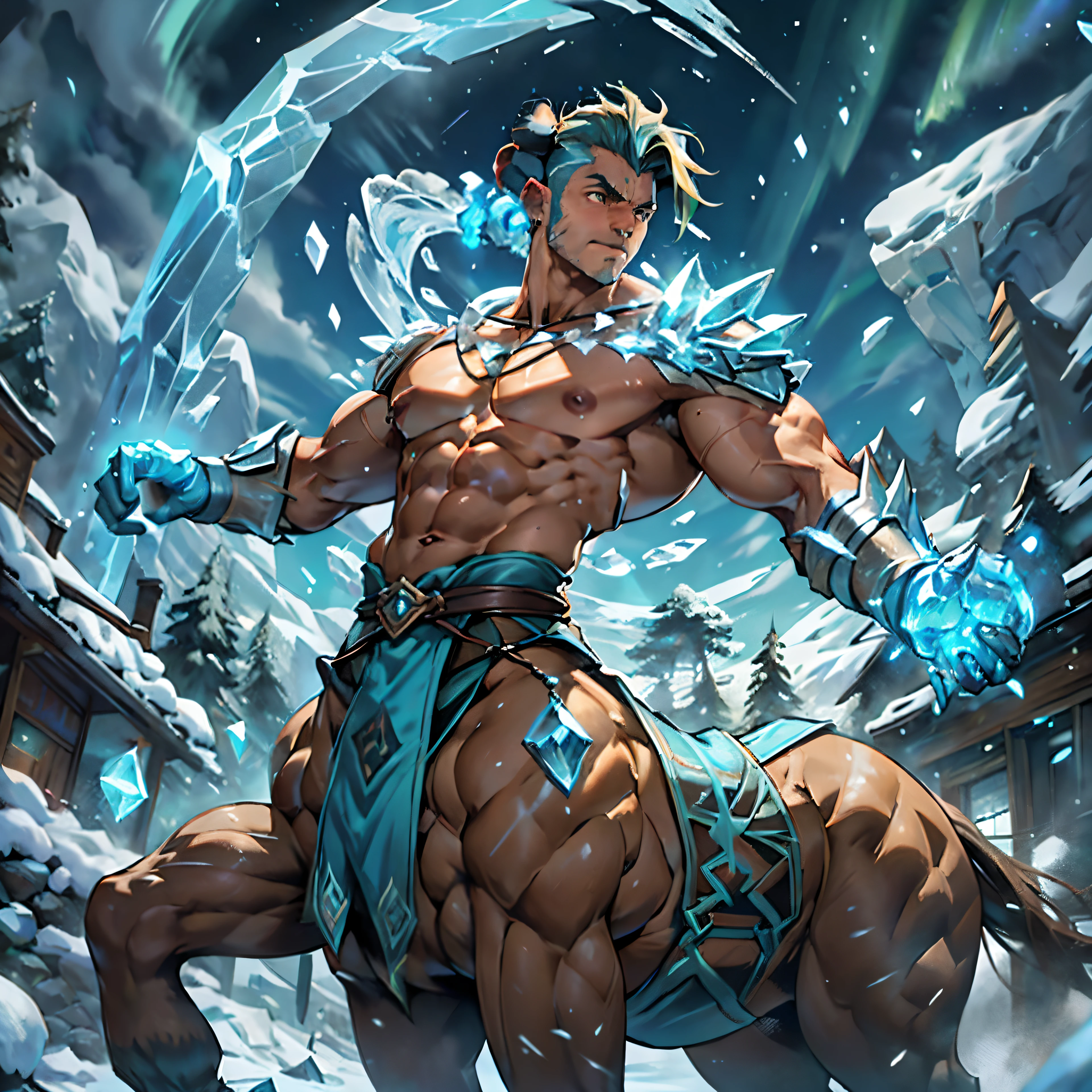 (Green short hair), (((male centaur))), ((bodybuilder)), ((very muscular)), ((broad chest)), ((thick pectorals)), abs, (((small waist))), ((big biceps)), ((large )), ((glans)), ((testicles)), ((nipple piercings)), snowy mountain, pine trees, aurora borealis, night sky, (veiny horse :1.0), extra arms, ExtraArms, tanned skin, erection, flaccid , erected , mature, dapper, stubbles, undercut hairstyle, cryomancer, crystal4armor