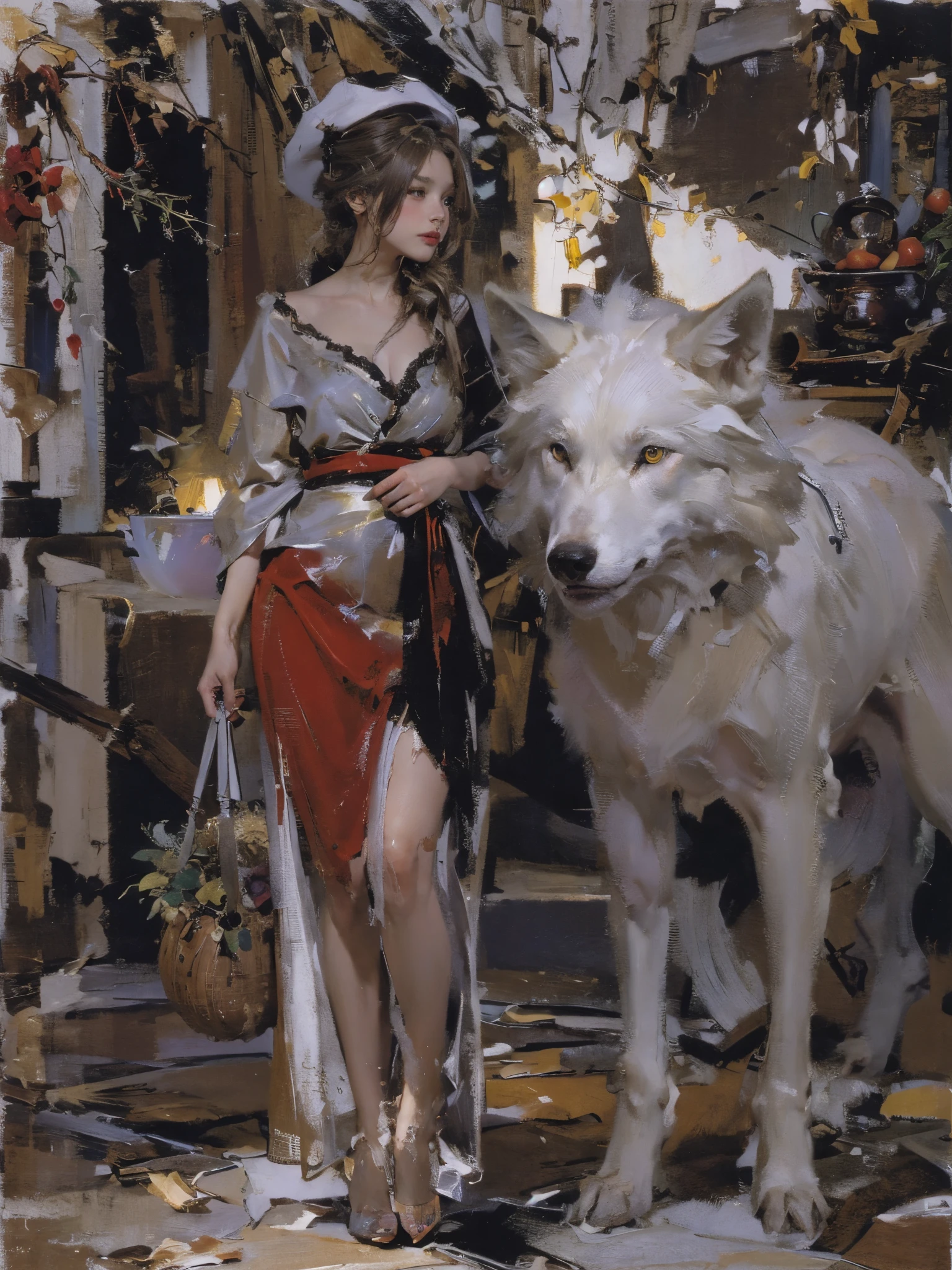 Describe the scene where the girl in red meets the wolf，((( girl)))，(((white wolf)))，(((The wolf is as big as a man)))，Quiet and harmonious atmosphere，(Clothes are tattered and exposed :1.4)，(((Light brown hair)))，(((coiffed blonde hair)))，(((Silver hair)))，Dramatic composition，warm color palette，Correct anatomy，Detailed faces, 詳細な目，（Girls wear：Red Hat, cloaks, big bust bra, a skirt, Red dress，laced dress，Carrying a basket of fruit），Background with：luring，natural  lightting, Candy   House，a fairy world，Close-up cleavage，Sexy legs，((Sexual suggestiveness))，Correct anatomy，详细的脸, 詳細な目，(post impressionist),(Fechin Oil Painting - Fechin Oil Painting , oil painted), 01