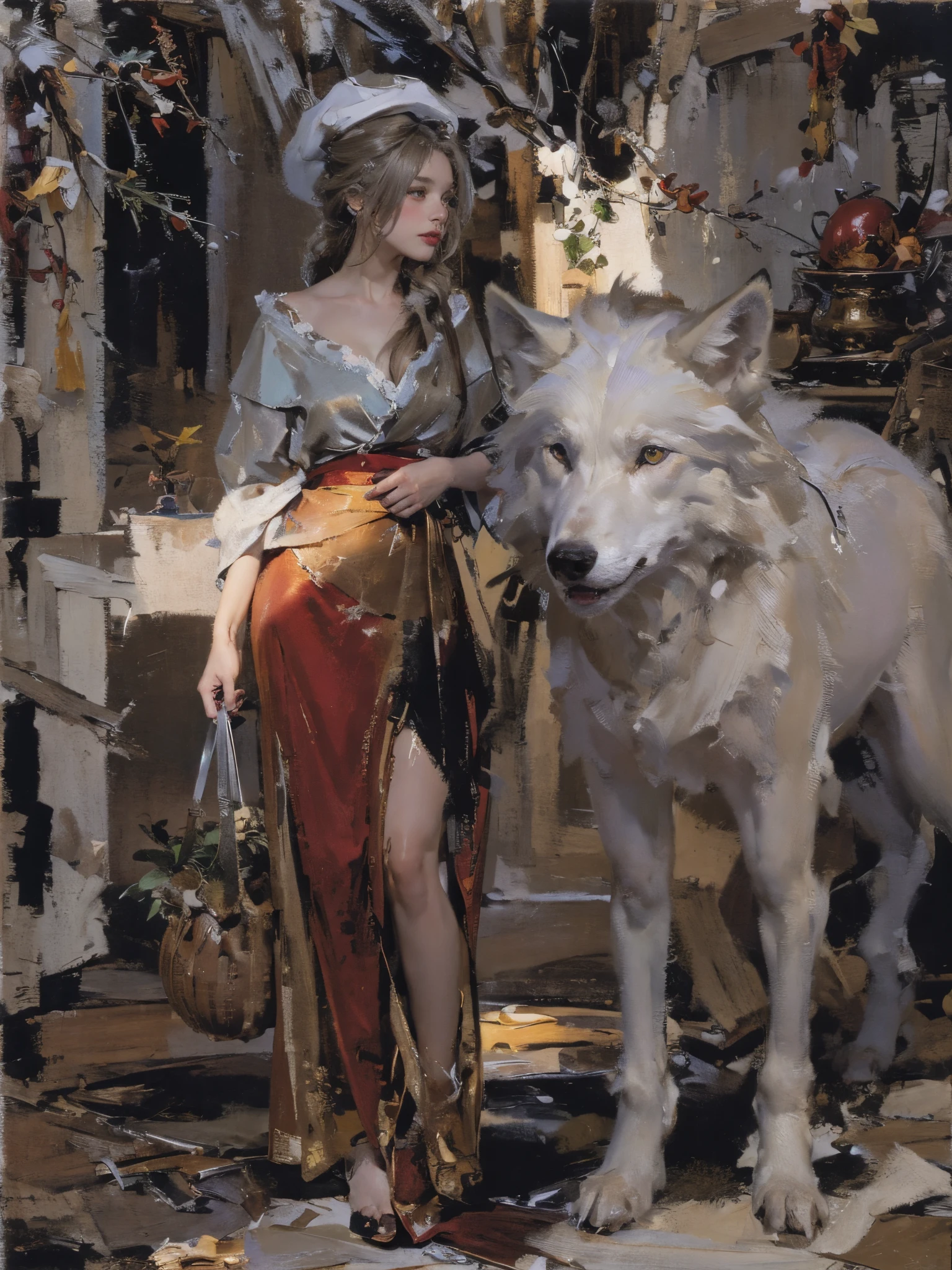 Describe the scene where the girl in red meets the wolf,(((age girl))),(((white wolf))),(((The wolf is as big as a man))),Quiet and harmonious atmosphere,(Clothes are tattered and exposed :1.4),(((Light brown hair))),(((coiffed blonde hair))),(((Silver hair))),Dramatic composition,warm color palette,Correct anatomy,Detailed faces, 詳細な目,(Girls wear:Red Hat, cloaks, big bust bra, a skirt, Red dress,laced dress,Carrying a basket of fruit),Background with:luring,natural lightting, Candy House,a fairy world,Close-up cleavage,Sexy legs,((Sexual suggestiveness)),Correct anatomy,详细的脸, 詳細な目,(post impressionist),(Fechin Oil Painting - Fechin Oil Painting , oil painted), 01