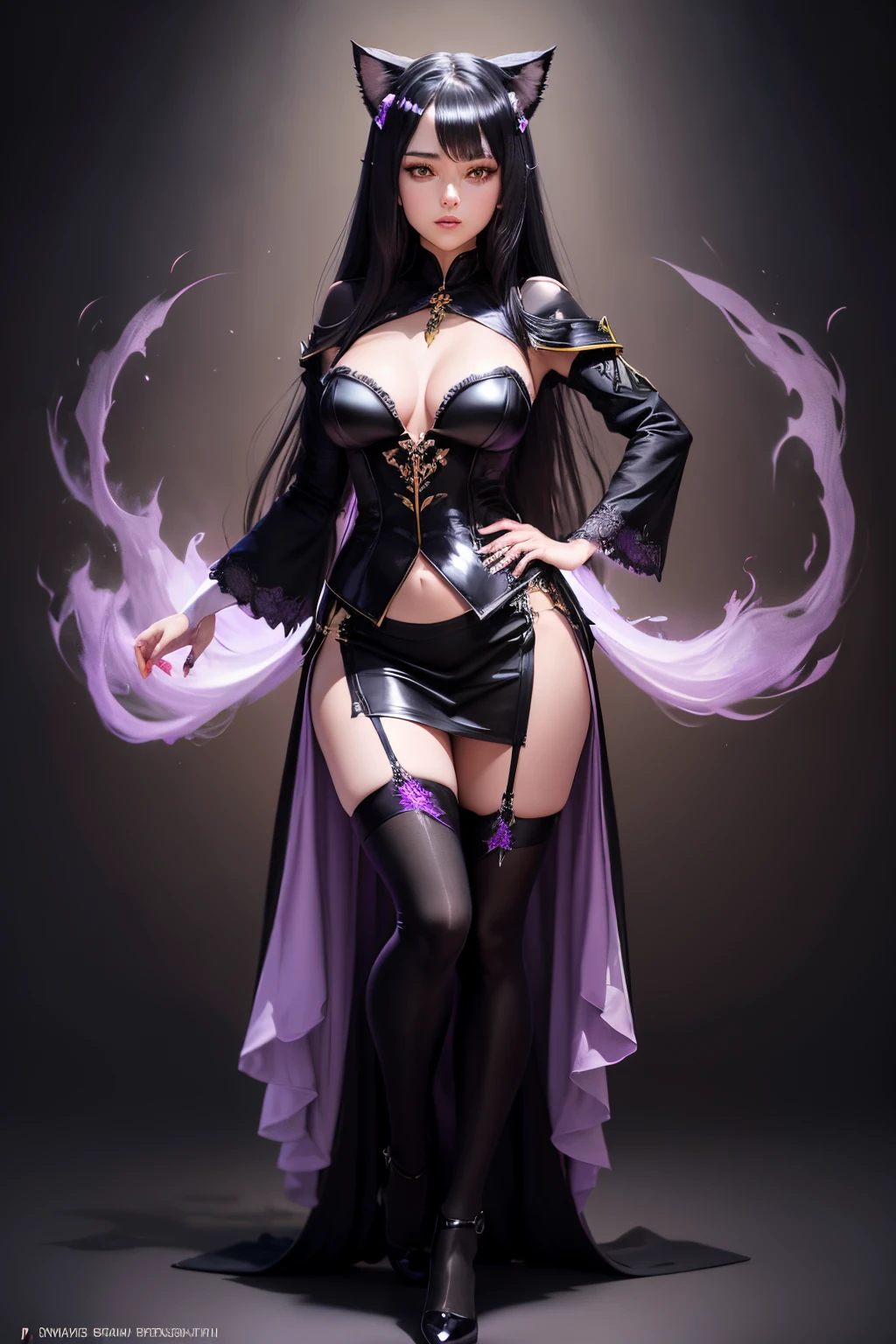 Black long hair, yellow eyes cat eyes, thin iris, cat lady, purple and white blouse, long black tail, claws, black skirt, busty chest, full body, young adult female, standing pose, wizard, fantasy, sexy witch clothes, stockings