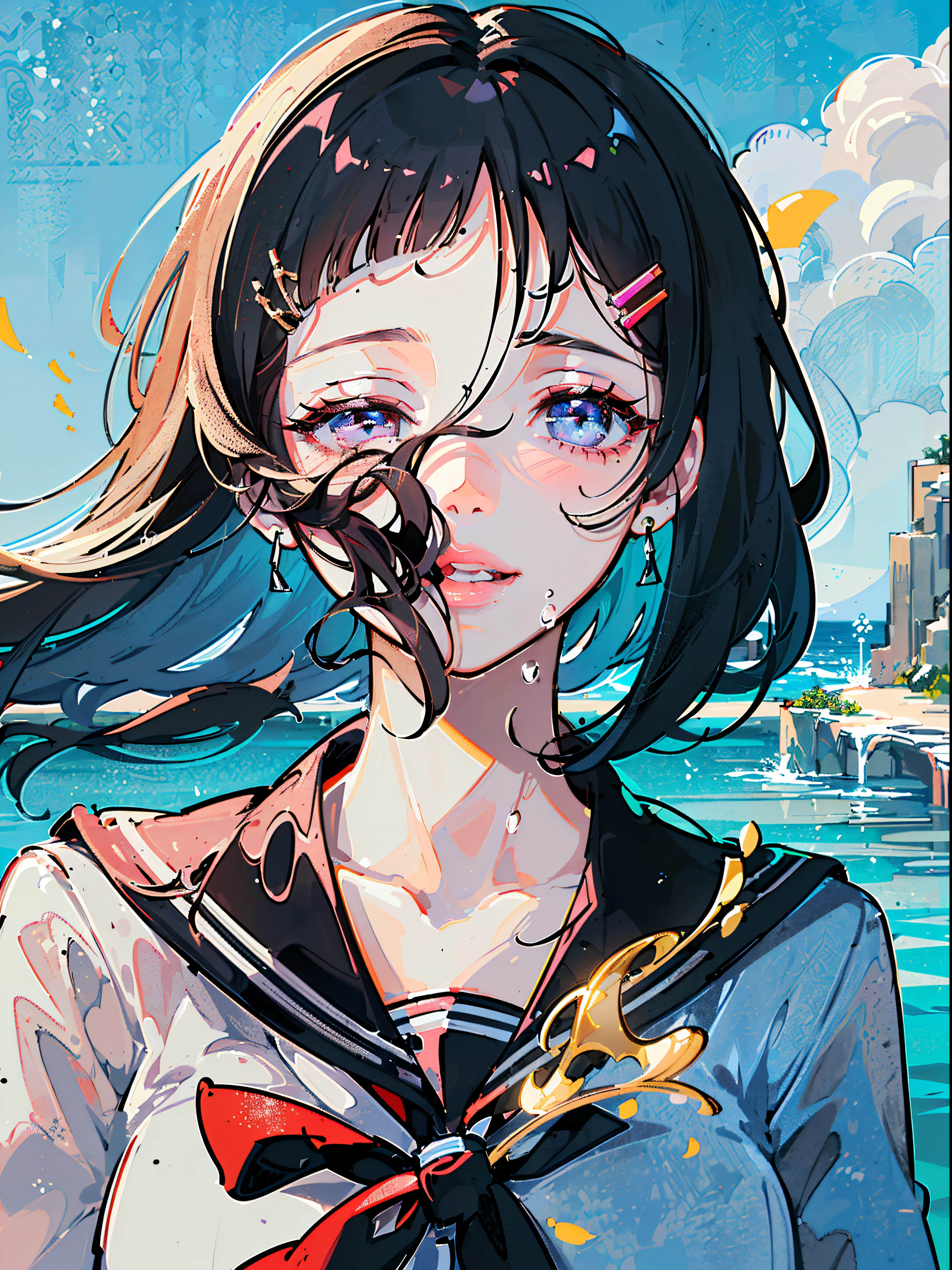 ((((Sharp focus,Vaporwave,closed eye,puckered lips,laughing,happy,sweaty skin,))))((playing bubbles,))(Masterpiece illustration,Beautiful and aesthetic:1.2,aim to viewers,from above), Best quality,Top quality, Epic quality,((((pond,))))(Sun glare, god light,))Neat face,underage,Young,Beautiful detailed hair,black hair,hyper HD, retinas, Textured skin, A high resolution, 16k ,((hairclip,blunt bangs,long sidelocks,short hair,Large bow on head)),Detailed face, 1JK, 1girl,Solo, Perfect face, Very amazing girl,(black sailor uniform,White sailor tie at front),rim-light,((rock and roll))