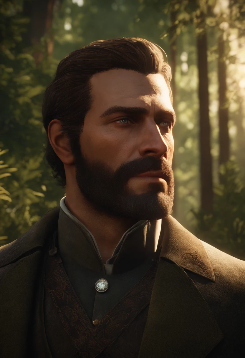 The image is of a lush, vibrant forest with rays of sunlight filtering through the trees.,Red Dead Redemption 2,Arthur is a tall 36 year old human male with a stocky build. He is 6'3, weighing roughly 230lbs. He had light skin, green eyes, thick brown hair that is kept in a swept back style, and no visible scars aside from a small one on his chin.