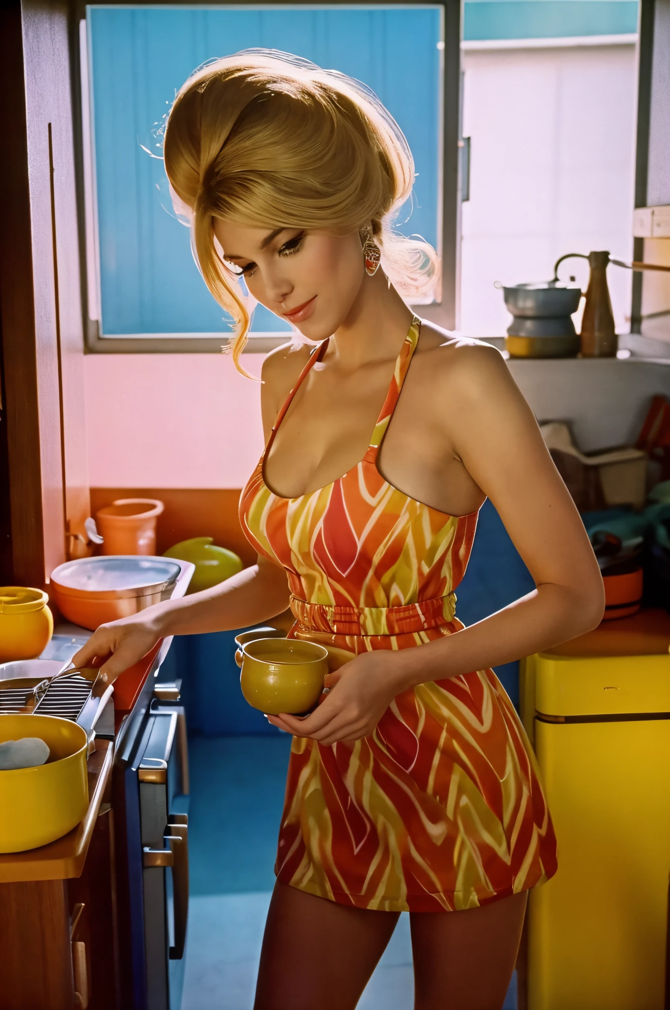 Low angle shot, an athletic honey blonde, wearing a colorful vintage 1960s dress, SixtiesHighFashion, 1960s hairstyle, large breasts, not exposed, cooking, food pots on a stove in a sunny ((1960s kitchen)), looking away from viewer, beautiful view out the windows, 8 k sensual lighting, warm lighting, 4k extremely photorealistic, cgsociety uhd 4k highly detailed, trending on cgstation