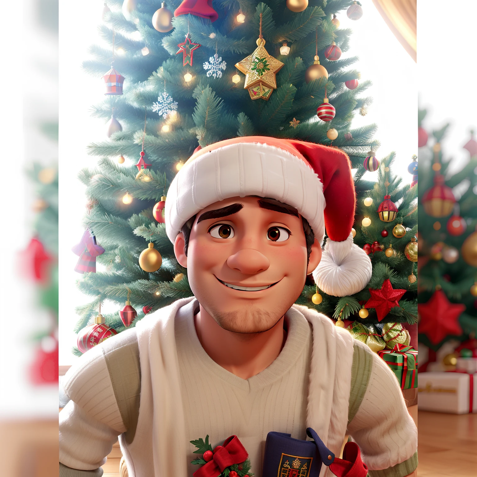 Hombre con gorro de navidad y polera manga corta