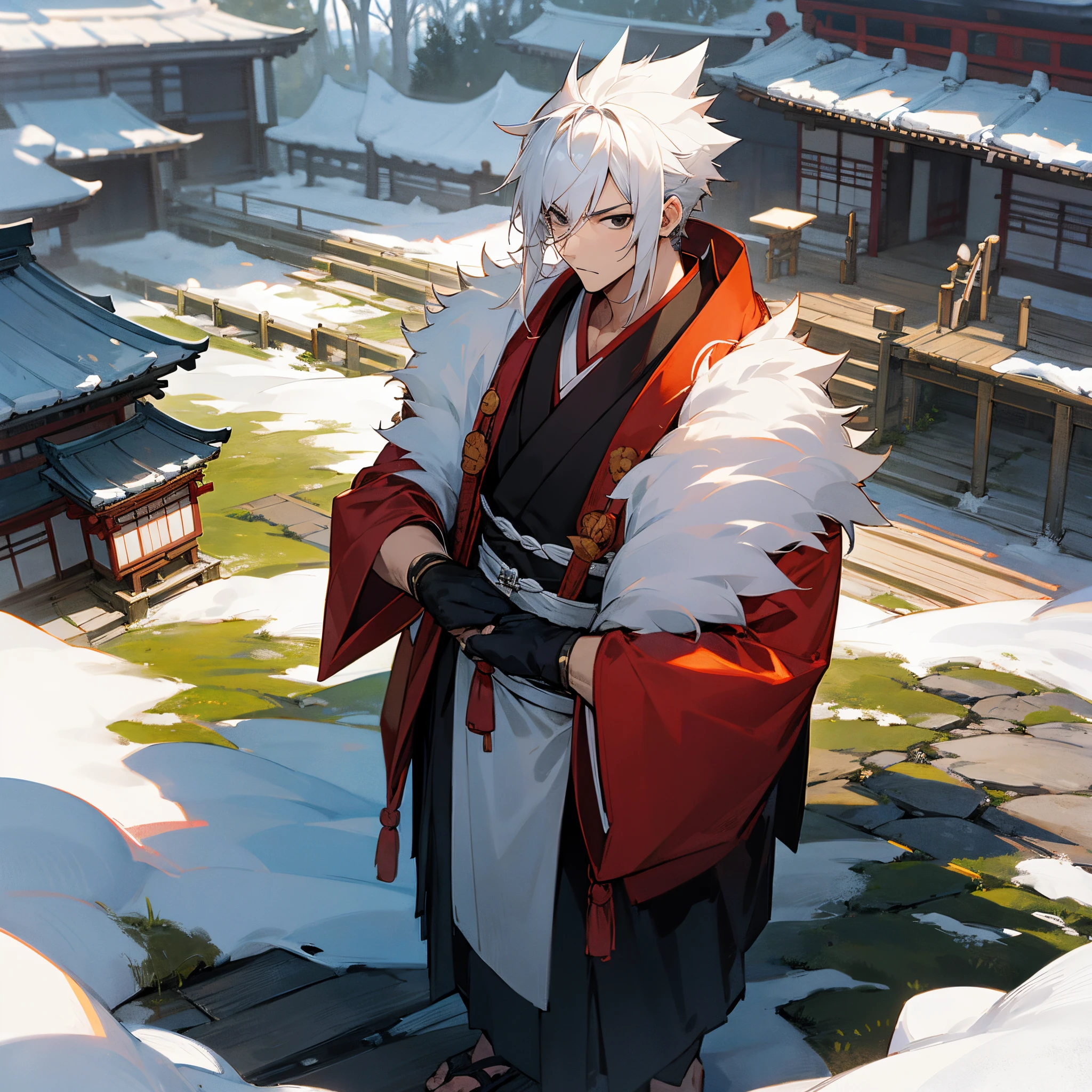 1male, adult, white spiky hair, muscular, black haori, black eyes, scar over nose, white yukata, standing on path, japanese village, serious, facing viewer