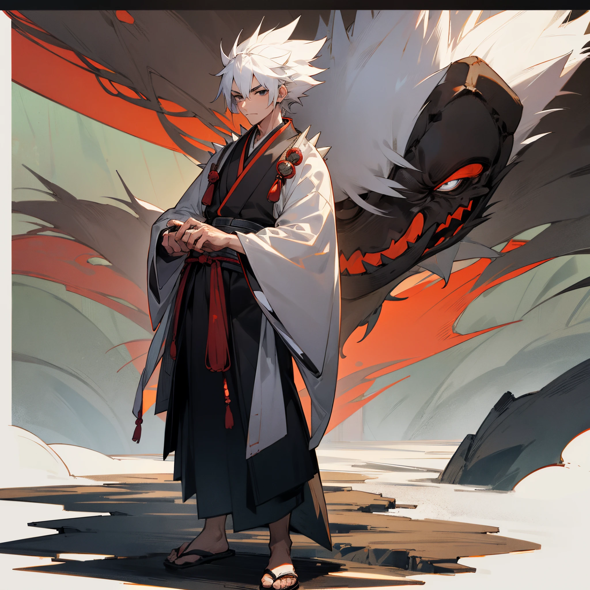 1male, adult, white spiky hair, muscular, black haori, black eyes, scar over nose, white yukata, standing on path, japanese village, serious, facing viewer