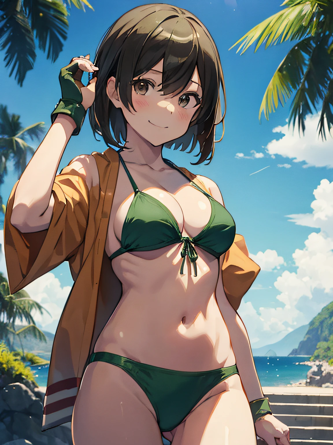 (masutepiece, Best Quality:1.2), Cowboy Shot, Solo, 1girl in, Hiryū, Smile, Looking at Viewer, Green Bikini、One side up, , partially fingerless gloves、The background is professional wrestling、Facing the front