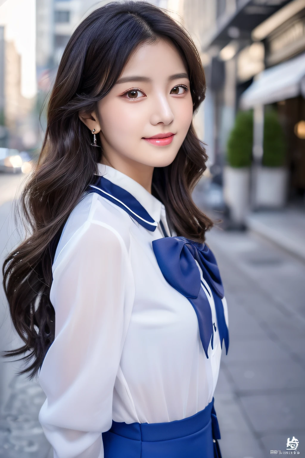 (Detailed beautiful eyes and detailed face, Masterpiece Side Light, Best Quality, D Cup, High resolution illustration), (Korean beautiful girl, Shiny skin, Looking down, Looking at Viewer), (Skirt, bow ribbon, button-down shirt), Looking at Viewer), ( blue longhair, Skirt, bow ribbon, button-down shirt) 45 degree, (Hand Detail)，((top-quality、8K、​masterpiece:1.3)),　(Korean Beauty,　Newsins,　Herrin,　Daniel，Minji),　odd-eyes,　foco nítido:1.2,　((Beautiful woman with perfect body shape:1.4)),　Slim abs:1.2,　((Layered Hair Style:1.2)),　Highly detailed facial and skin texture,　A detailed eye,　a smile,　(Detailed background，street:1.2),　((Photorealsitic), (Sheer clothing：1.4)，playing in the water