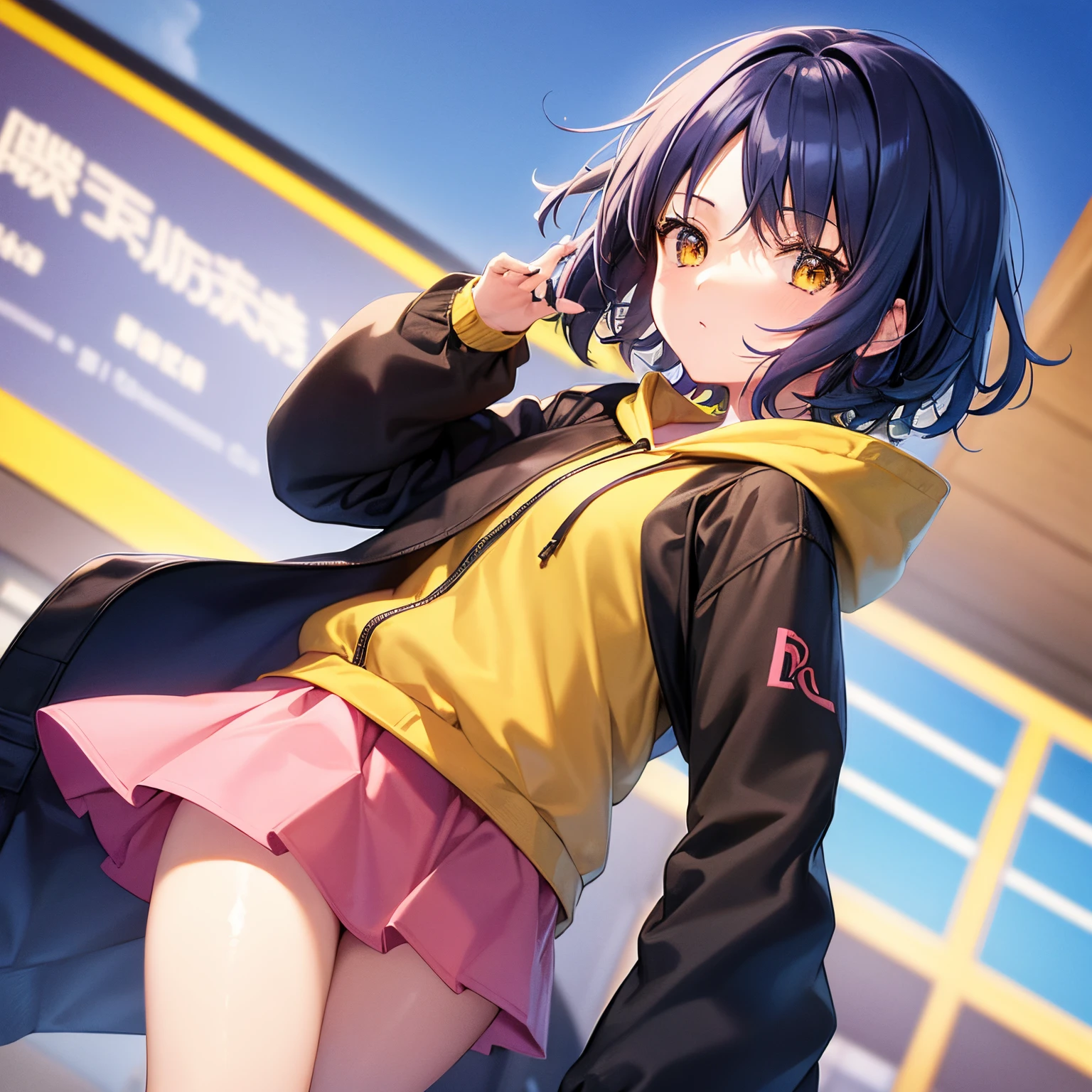 Anime, ((best quality)), girl, solo, brown eyes, blue hairs, wavy parted hair, parted bangs, short hair, Yellow hoodie in black jacket, Pink mini skirt, Boston bag