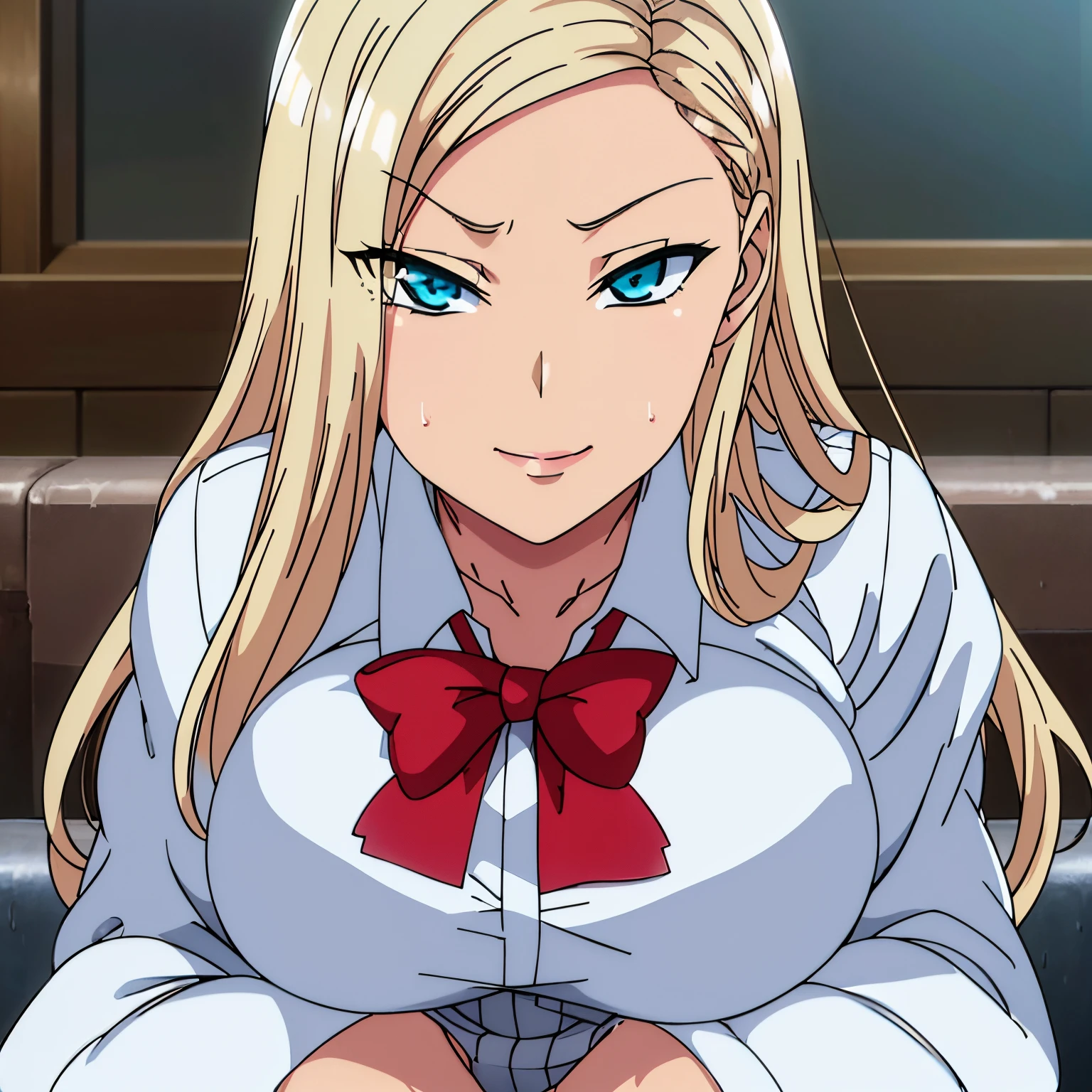 place：(day:1.7),close-up,(Upper_body:1.3) ,
action：sitting at attention,sitting on couch,
trappings： white_collared_shirt,skirt,collarbone,red_bowtie,
The character：the hair：blonde_hair, blue_eyes,long_hair,parted_bangs,
Role locking：
1 girl,Solo, Manga,20yo,mature female,Beautiful Finger,Beautiful long legs,Beautiful body,Beautiful Nose,Beautiful character design, perfect eyes, perfect face,
Eye expressions：
looking at viewer,naughty face, naughty smile,
Quality:
official art,extremely detailed CG unity 8k wallpaper, perfect lighting,Colorful, Bright_Front_face_Lighting,
(masterpiece:1.0),(best_quality:1.0), ultra high res,4K,ultra-detailed,
photography, 8K, HDR, highres, absurdres:1.2, Kodak portra 400, film grain, blurry background, bokeh:1.2, lens flare, (vibrant_color:1.2)
big breasts body:
(Beautiful,large_Breasts:1.4), (beautiful_face:1.5),(narrow_waist),
Negative prompt: EasyNegative, lowres, bad anatomy, bad hands, text, error, missing fingers, extra digit, fewer digits, cropped, jpeg artifacts, signature, watermark, username, blurry, out of focus, censorship, Missing vagina, Blurry faces, Blank faces, bad face, Ugly, extra ear, amputee, missing hands, missing arms, missing legs, Extra fingers, 6 fingers, Extra feet, Missing nipples, ghost, futanari, Extra legs, Extra hands, panties,pants, (painting by bad-artist-anime:0.9), (painting by bad-artist:0.9), text, error, blurry, jpeg artifacts, cropped, normal quality, artist name, (worst quality, low quality:1.4),
Steps: 27, Sampler: Euler a, CFG scale: 7, Seed: 834388144, Size: 512x768, Model hash: 3e9211917c, Model: yesmix_v16Original, Denoising strength: 0.5, Hires upscale: 2, Hires steps: 18, Hires upscaler: R-ESRGAN 4x+ Anime6B
Negative prompt: EasyNegative, bad_prompt, bad-artist-anime, bad-hands-5, lowres, bad anatomy, bad hands, text, error, missing fingers, extra digit, fewer digits, cropped, jpeg artifacts, signature, watermark, username, blurry, out of focus, censorship,