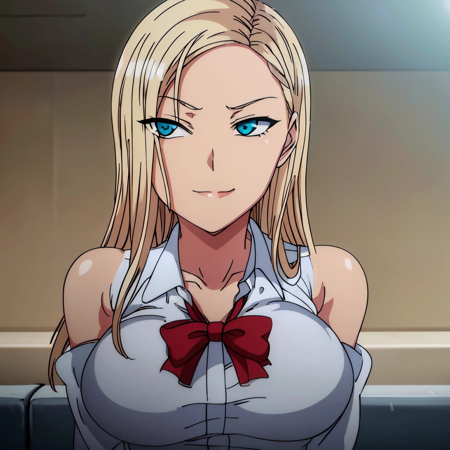 place：(day:1.7),close-up,(Upper_body:1.3) ,
action：sitting at attention,sitting on couch,
trappings： white_collared_shirt,skirt,collarbone,red_bowtie,
The character：the hair：blonde_hair, blue_eyes,long_hair,parted_bangs,
Role locking：
1 girl,Solo, Manga,20yo,mature female,Beautiful Finger,Beautiful long legs,Beautiful body,Beautiful Nose,Beautiful character design, perfect eyes, perfect face,
Eye expressions：
looking at viewer,naughty face, naughty smile,
Quality:
official art,extremely detailed CG unity 8k wallpaper, perfect lighting,Colorful, Bright_Front_face_Lighting,
(masterpiece:1.0),(best_quality:1.0), ultra high res,4K,ultra-detailed,
photography, 8K, HDR, highres, absurdres:1.2, Kodak portra 400, film grain, blurry background, bokeh:1.2, lens flare, (vibrant_color:1.2)
big breasts body:
(Beautiful,large_Breasts:1.4), (beautiful_face:1.5),(narrow_waist),
Negative prompt: EasyNegative, lowres, bad anatomy, bad hands, text, error, missing fingers, extra digit, fewer digits, cropped, jpeg artifacts, signature, watermark, username, blurry, out of focus, censorship, Missing vagina, Blurry faces, Blank faces, bad face, Ugly, extra ear, amputee, missing hands, missing arms, missing legs, Extra fingers, 6 fingers, Extra feet, Missing nipples, ghost, futanari, Extra legs, Extra hands, panties,pants, (painting by bad-artist-anime:0.9), (painting by bad-artist:0.9), text, error, blurry, jpeg artifacts, cropped, normal quality, artist name, (worst quality, low quality:1.4),
Steps: 27, Sampler: Euler a, CFG scale: 7, Seed: 834388144, Size: 512x768, Model hash: 3e9211917c, Model: yesmix_v16Original, Denoising strength: 0.5, Hires upscale: 2, Hires steps: 18, Hires upscaler: R-ESRGAN 4x+ Anime6B
Negative prompt: EasyNegative, bad_prompt, bad-artist-anime, bad-hands-5, lowres, bad anatomy, bad hands, text, error, missing fingers, extra digit, fewer digits, cropped, jpeg artifacts, signature, watermark, username, blurry, out of focus, censorship,