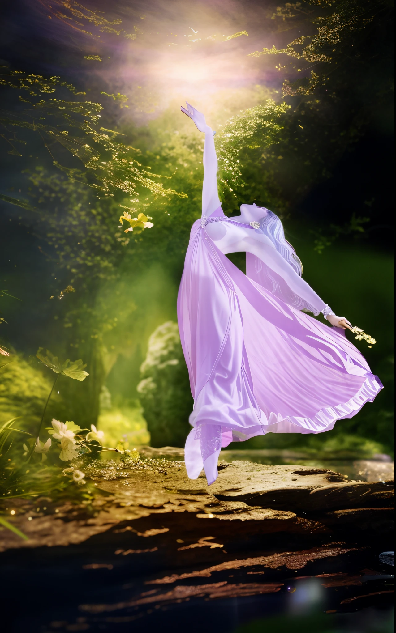 Alafid woman in purple dress dancing in the air, Faeries' Moonlight Dance, Fairies dance, dancing gracefully, Dramatic magic floating pose, Fascinated by the spirit of nature, Amazing young ethereal figure, she is floating in the air, Endlessly flowing flowing curtains, Peaceful and elegant, advertising photograph, ethereal essence