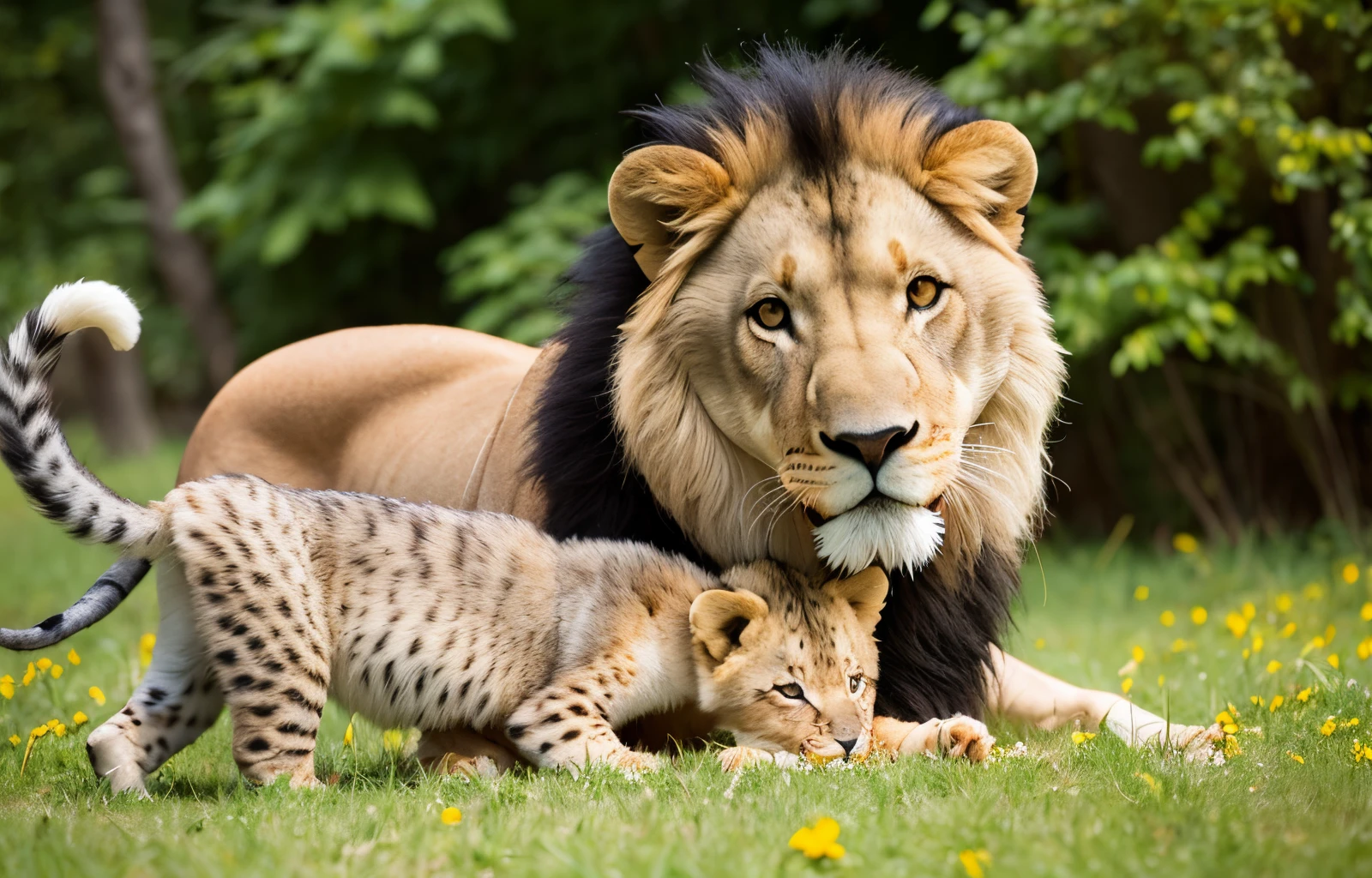 Lion cub and wolf pup in flowers
