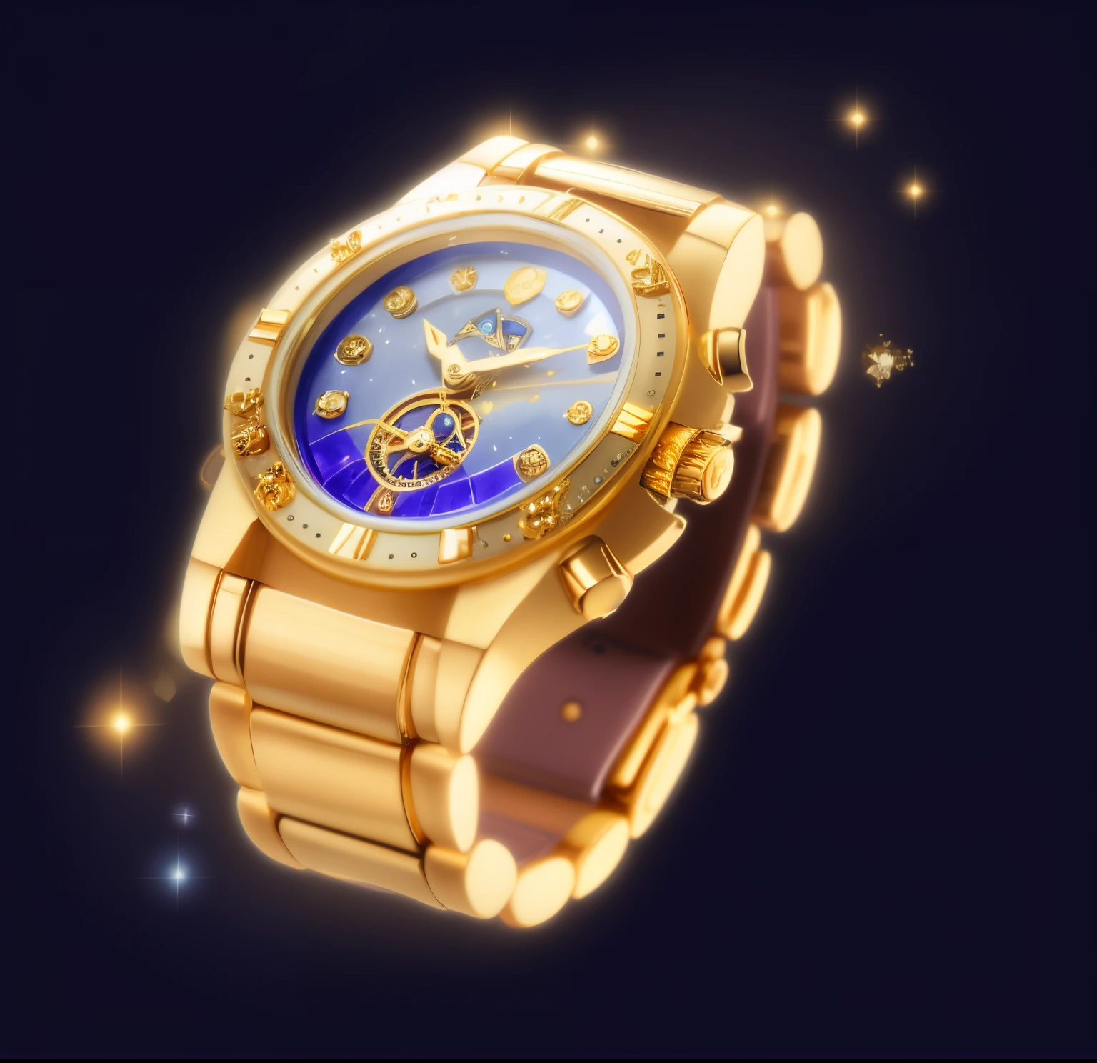 Close-up of blue face gold watch, gold watch, astral clockwork, Old, Beautiful gemstone watch, ornate galactic gold, Treasure Artifact, luxury item showcase, Steampunk watches, gold noble, Holding a gold watch, (exotic artifacts), golden jewelery, realistic gold, role playing game project, ventania, elegant gold skin, Golden armor studded with diamonds
