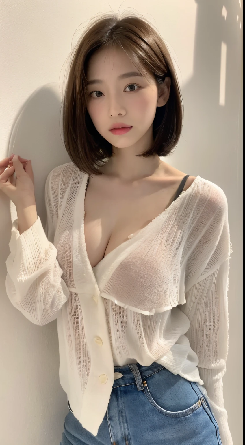 Asian woman wearing autumn clothes、beautifull asian girl ever、An Asian girl、japanaese girl、girl cute thin face、shorth hair、chinaese girl、((top-quality、8K、masterpiece:1.3))、focus:1.2、Perfect body beauty:1.4、s ass:1.2、((Layered Haircut、small tits:1.2)、Highly detailed facial and skin texture、Delicat eyes、二重まぶた、Whitened skin、Clothes with hidden breasts、white wall with windows