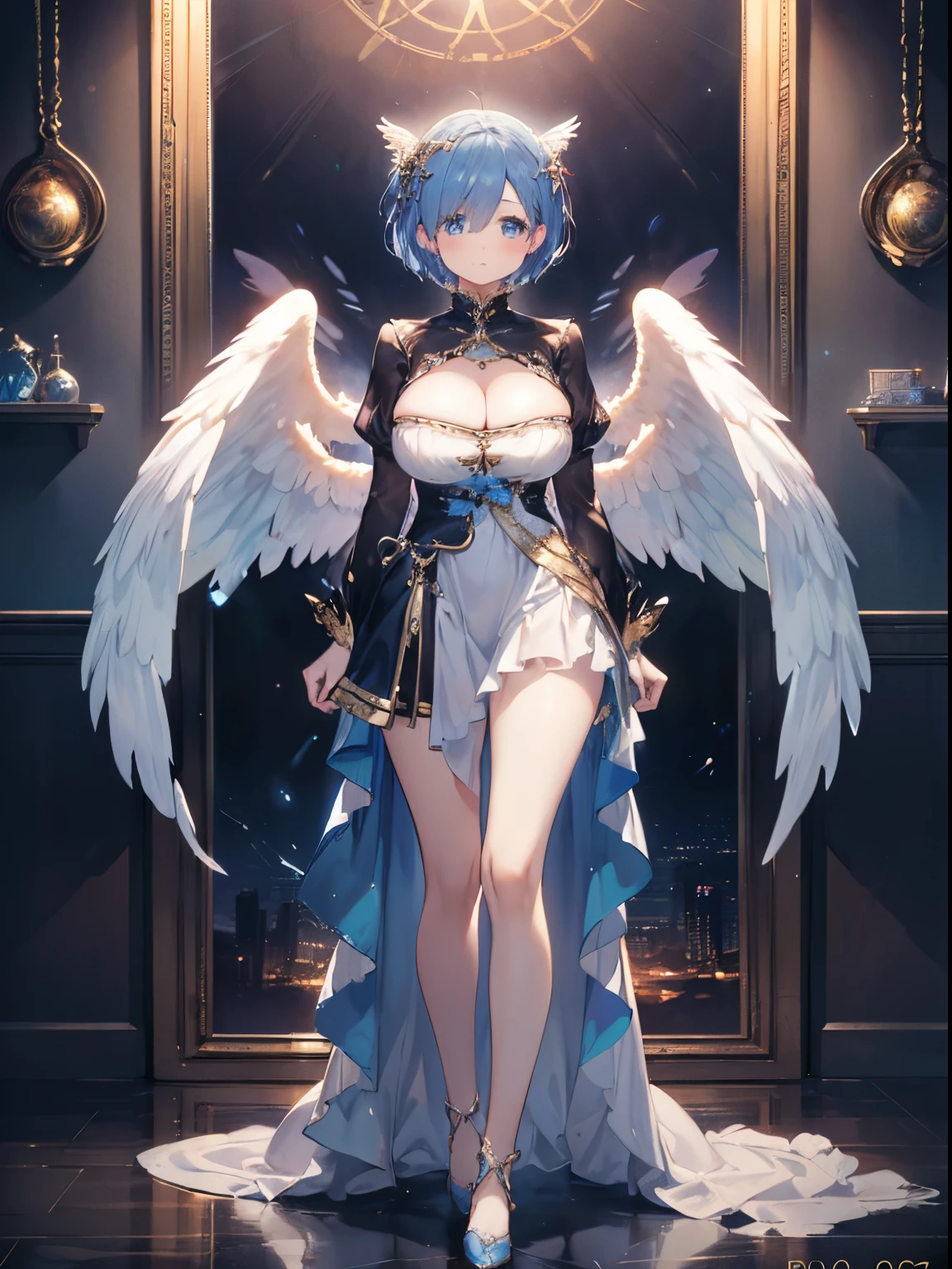 Ultra-realistic photo of a girl in a majestic white and golden ball gown dress, Big beautiful dress, Complex puffy ball gown with lots of frills and rhinestones (Best Quality, masutepiece, ((Angel wings:1.2))。 art  stations, Fantasy Art:1.2), Palace rooms, Beautiful cute girl, Rem of Rezero、(Blue shorthair:1.3), Bangs hide one eye、(Complex short gold skirt, Bare legs:1.2, thighs thighs thighs thighs、very Bigger breasts、cleavage of the breast、Full body shot)