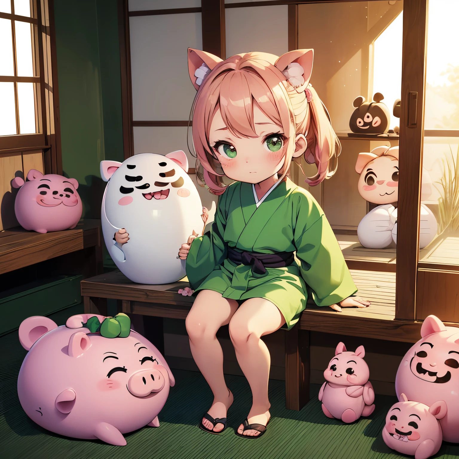 cartoon-style, (chibi character, deformed, full body, big head:1.5, line art), cute girl, pig costume, pig nose, green kimono, sitting, (spoken boo:1.5), (fukidashi boo:1.5), Japanese-style room window